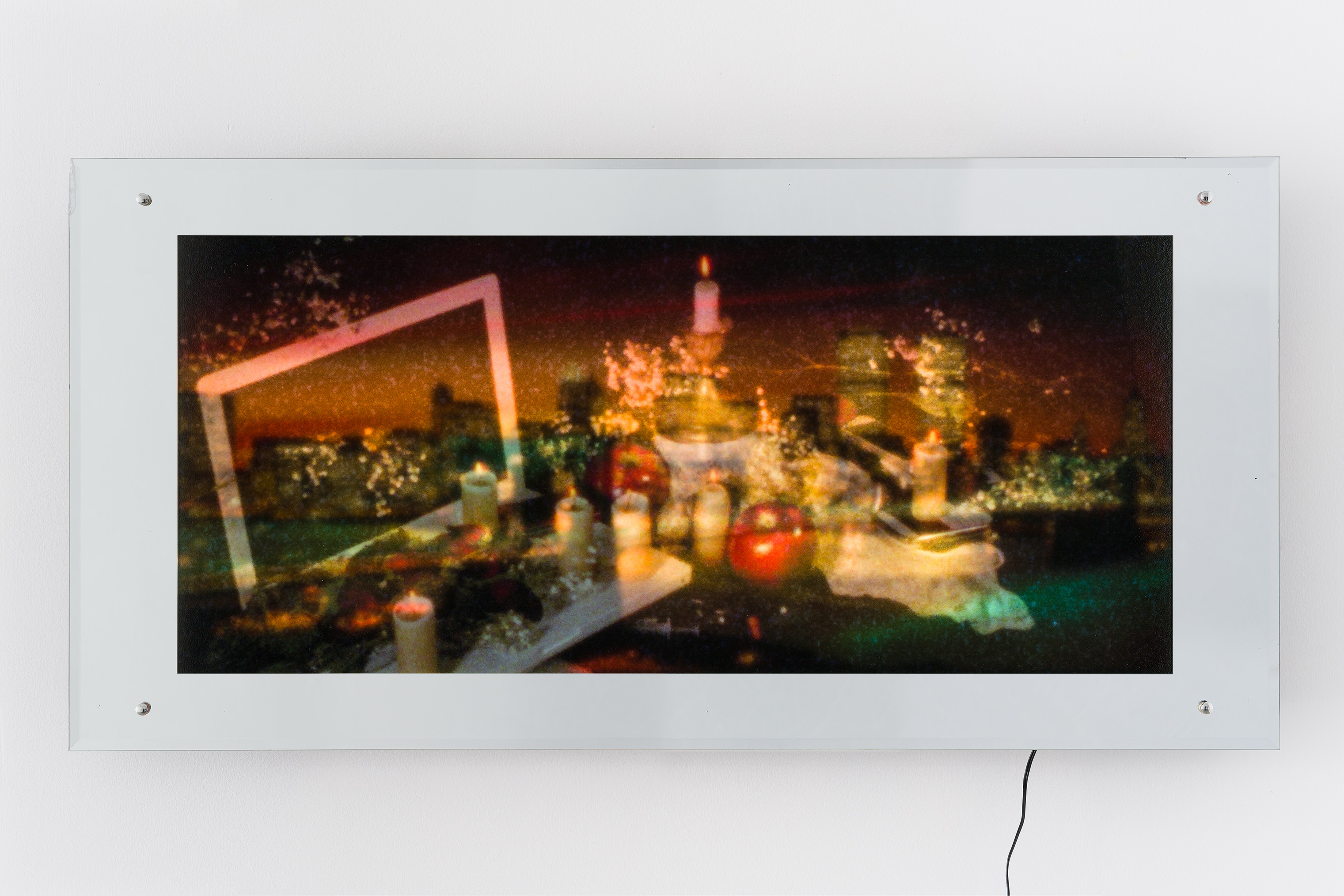 Skyline Still Life #3, 2024, found Lightbox: glass, wooden box, LED, UV print, 19 x 38 5/8 x 2 3/4 in. (48.3 x 98.1 x 7 cm.)