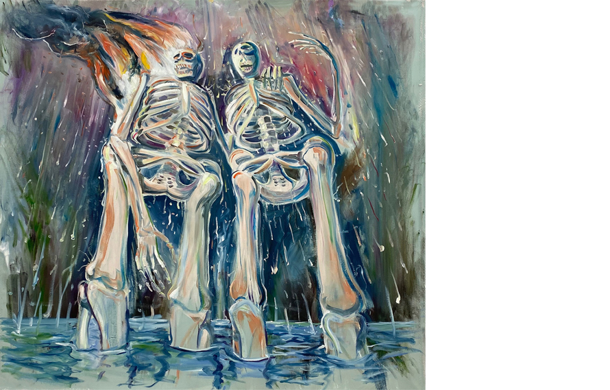 Amigos bajo la lluvia, 2019. Oil on canvas 71 × 89 inches