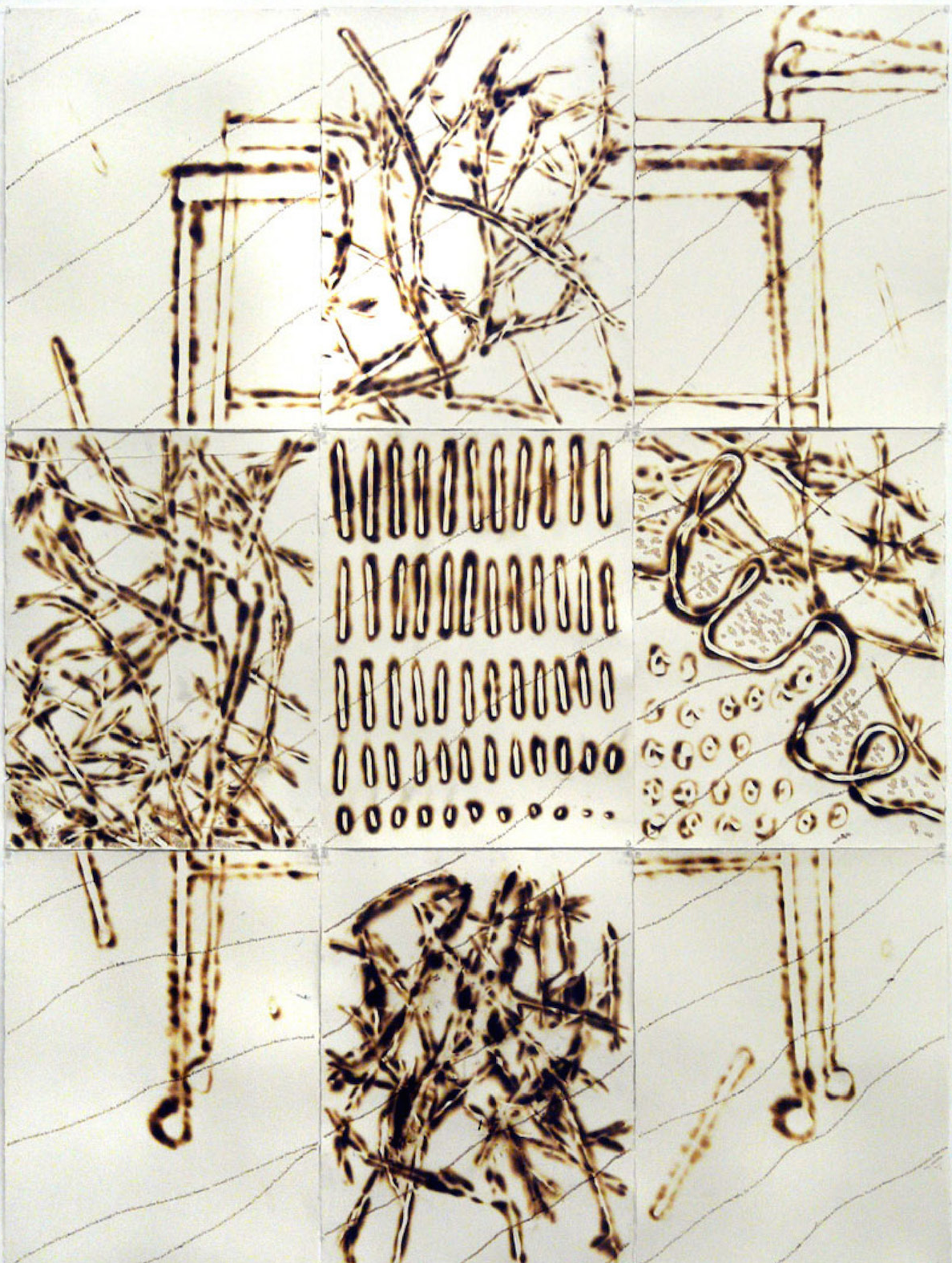 ID: A nine-panel image of various textures, made with a wood-burning tool.