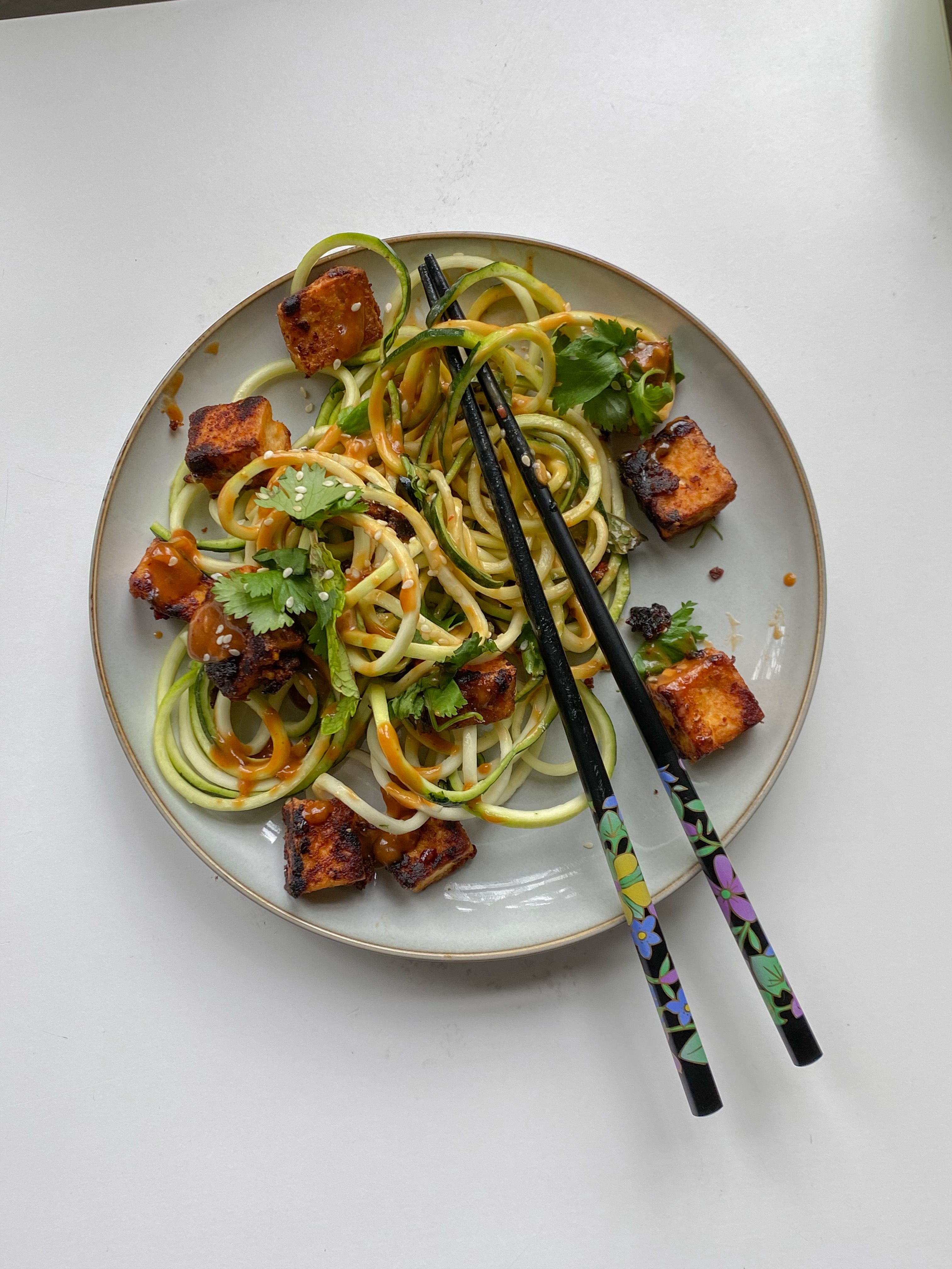 Spicy Sesame Zoodles with Crispy Tofu