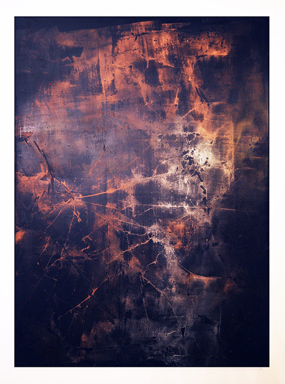 Black berry, 2017, 135 x 95 cm, copper, silver, pigment on tarpaulin, wood frame