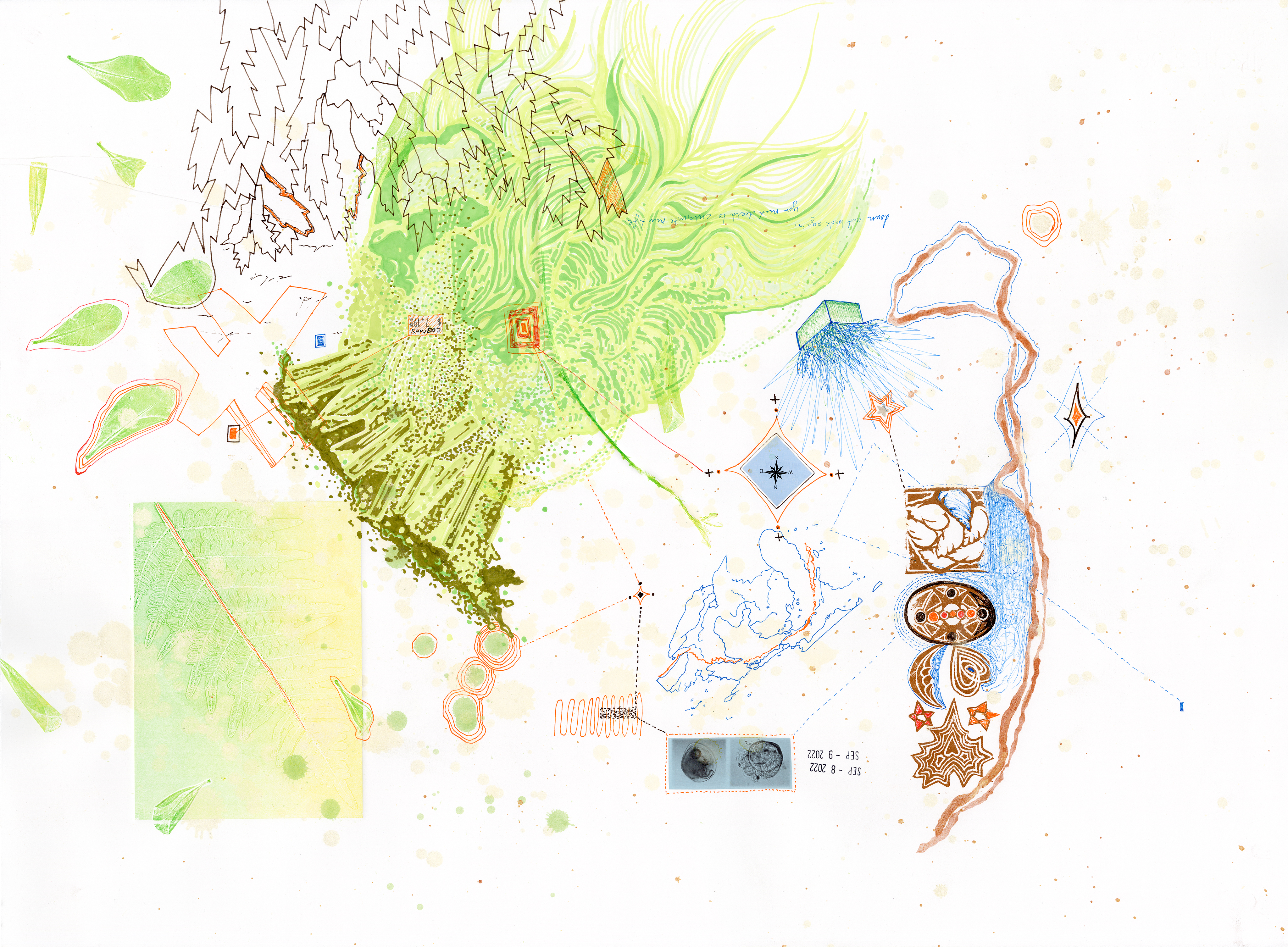 Drawing 27/56 from 56 days at the Dome House 22.5 x 30 inches, ink, Chine-collé, etching and stamps on Arches 88 paper - BUY