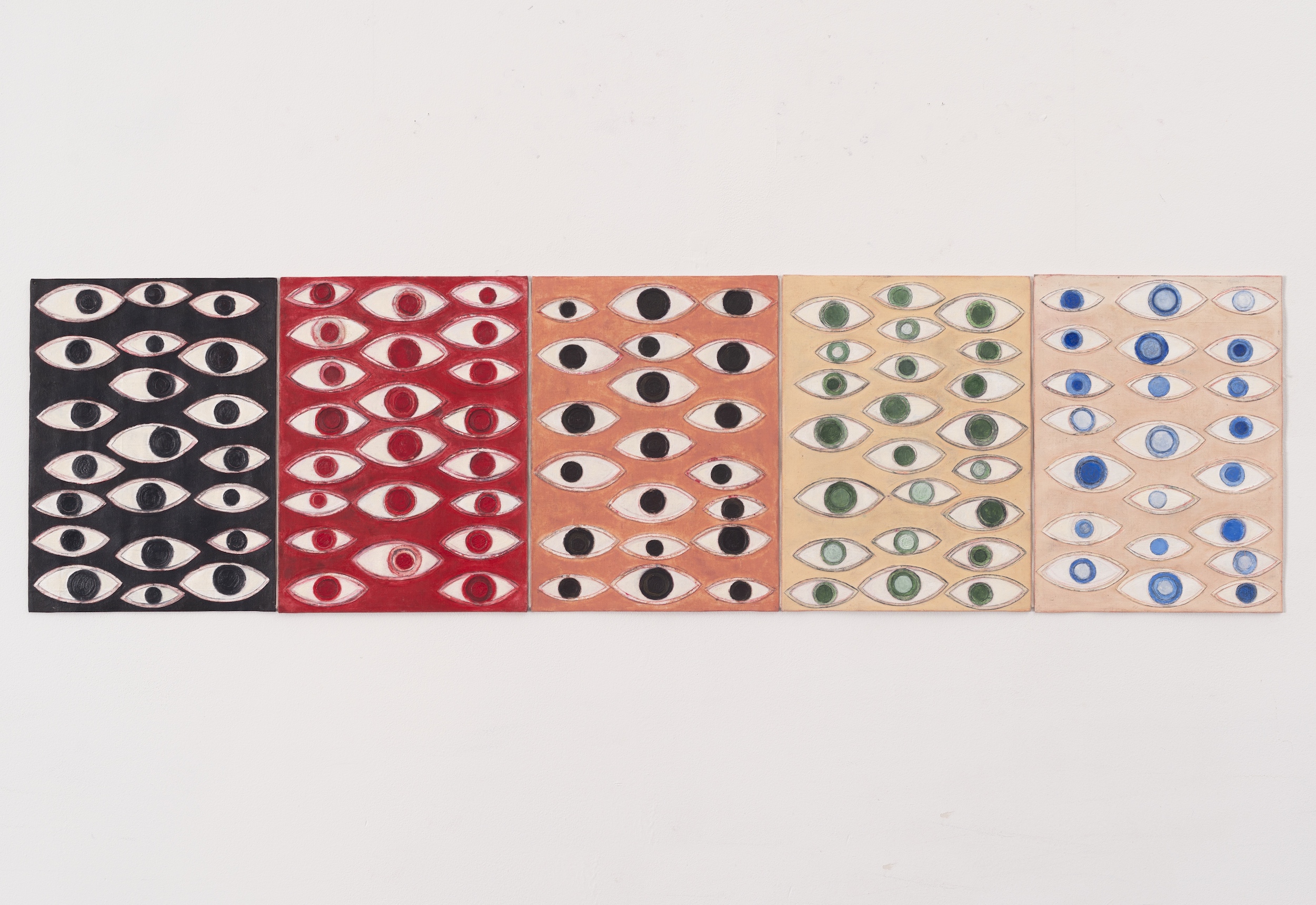  Eyes Wide Open, 2019 . Color pencil, oil and wax on canvas and cloth . 30 x 124 cm . Collection Museum Boijm Van Beuningen, Rotterdam, The Netherlands