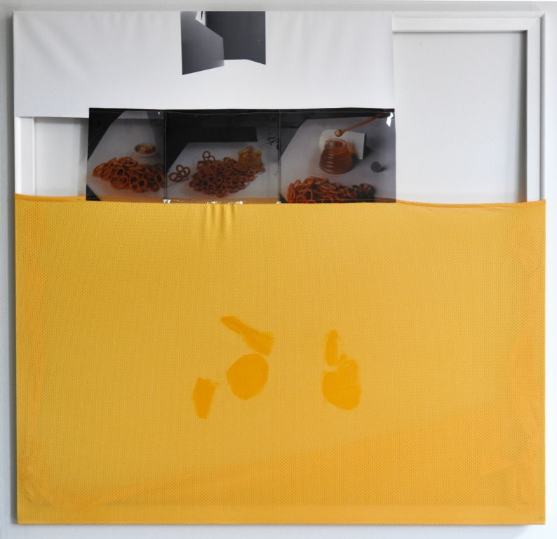 "Honey", Archival inkjet print on vinyl, large format film transparencies, polyester, thread, stretchers, gesso, gel medium, 42 x 48 inches