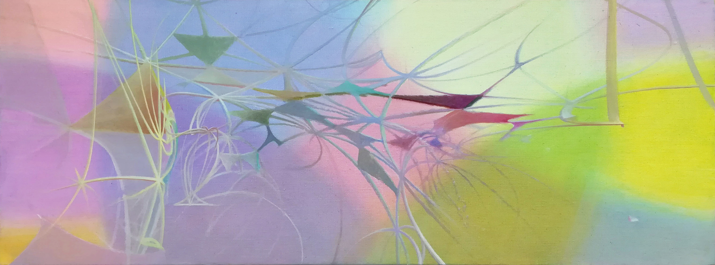 "Egzuberanty trójkątne" ('Triagular Exuberants'), 2019, akryl na płótnie lnianym, 30x80 cm, 3400