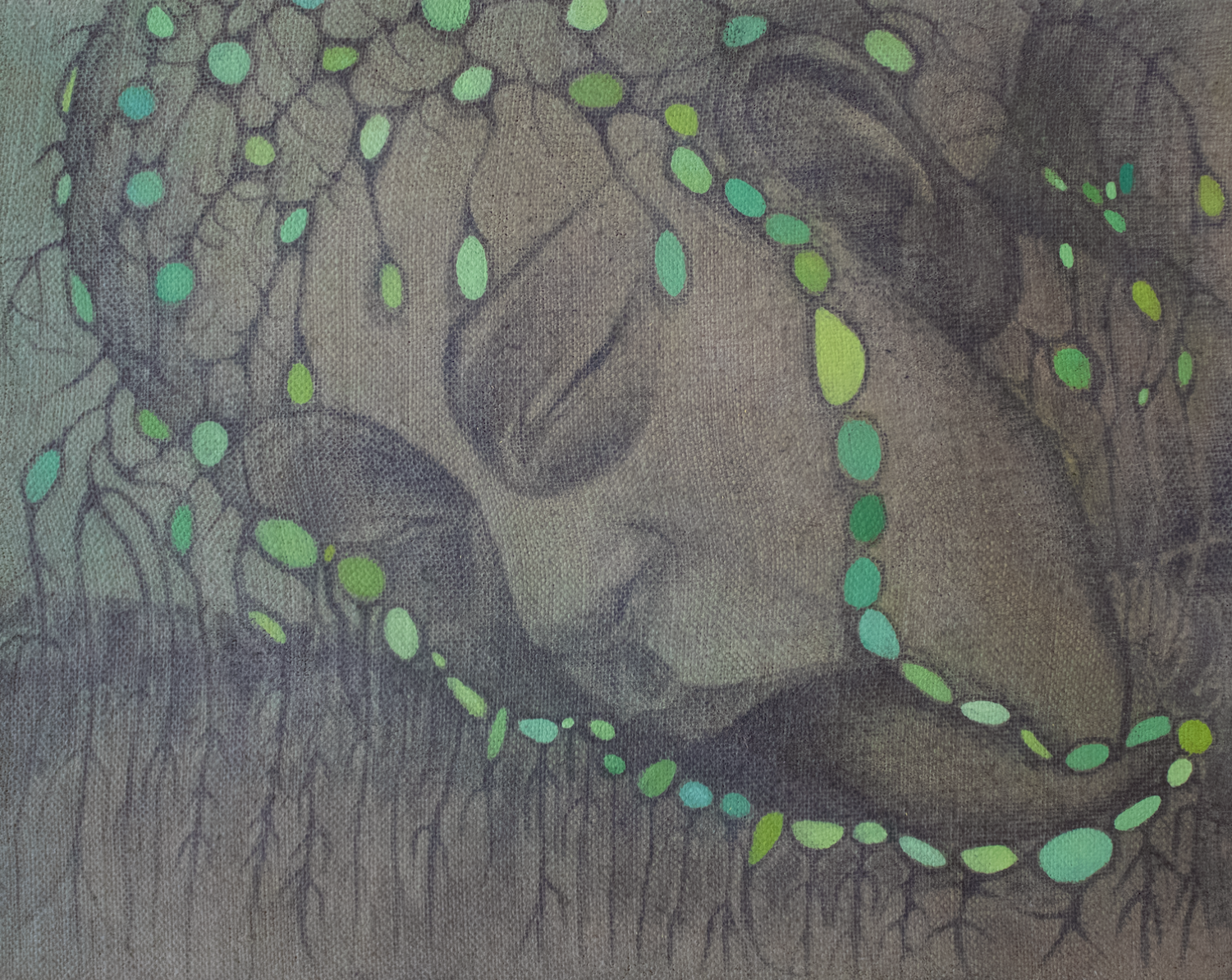 Warming the Seeds, oil, graphite and soft pastel on linen over panel, 12” x 9”