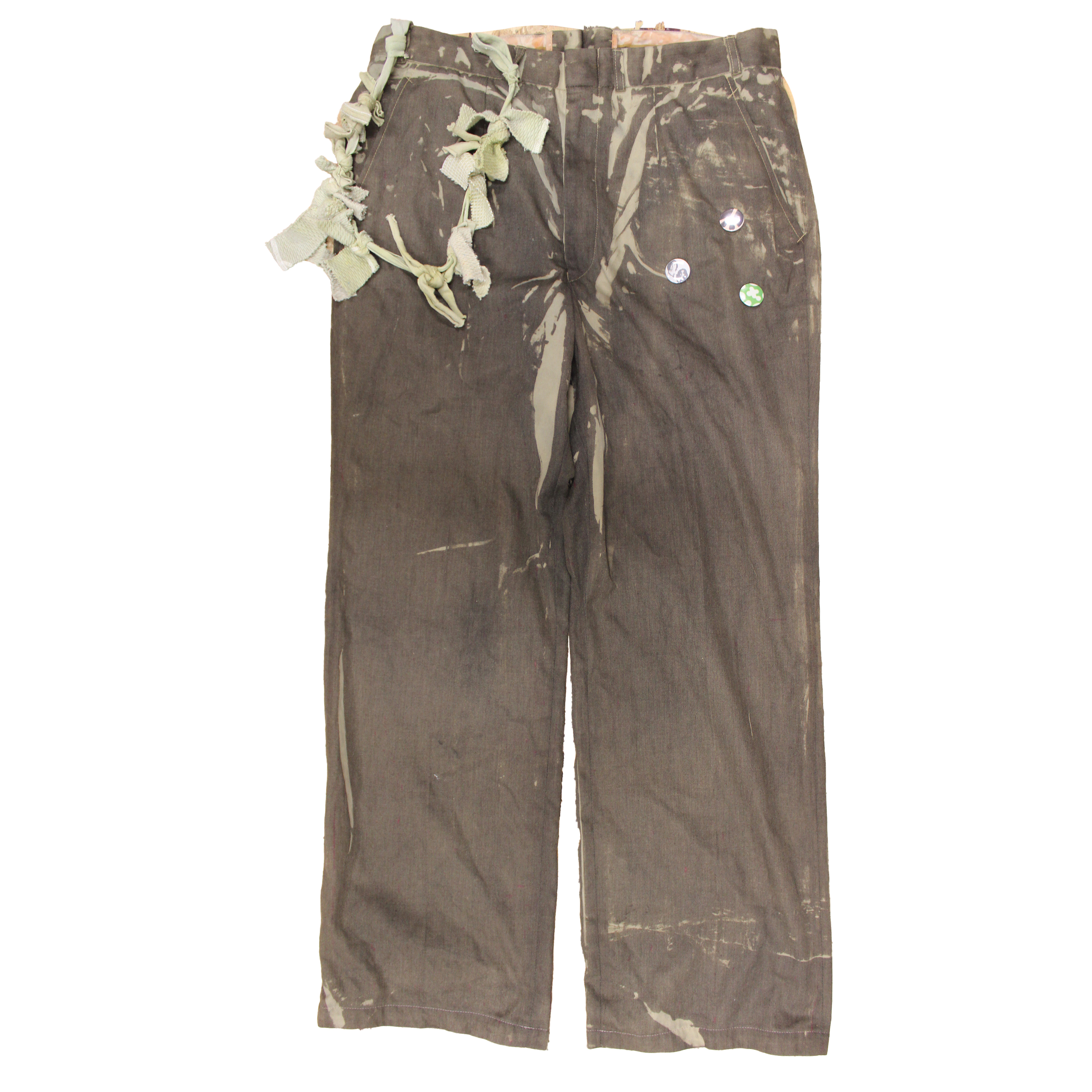 reclaimed vintage surplus denim screen printed with textile dye & various metals. tailored for straight/wide fit. fitted with custom keychain, scrap chain, and leather patches