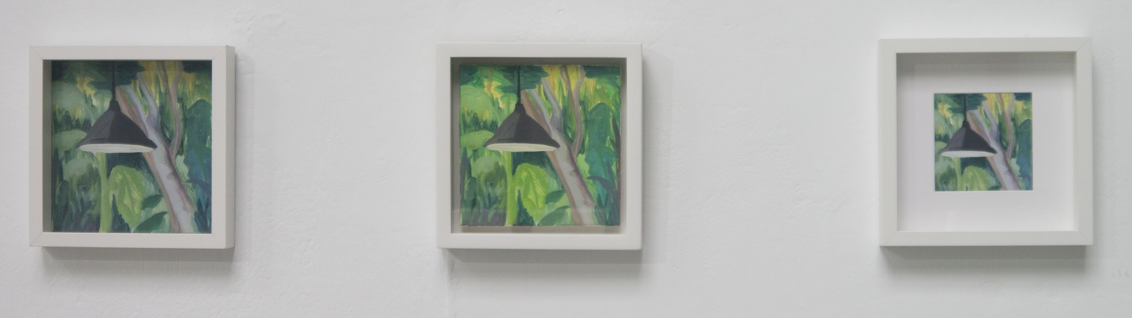 An untitled work, 2017, oil on linen, paper, frame, 25.4x25.4cm each