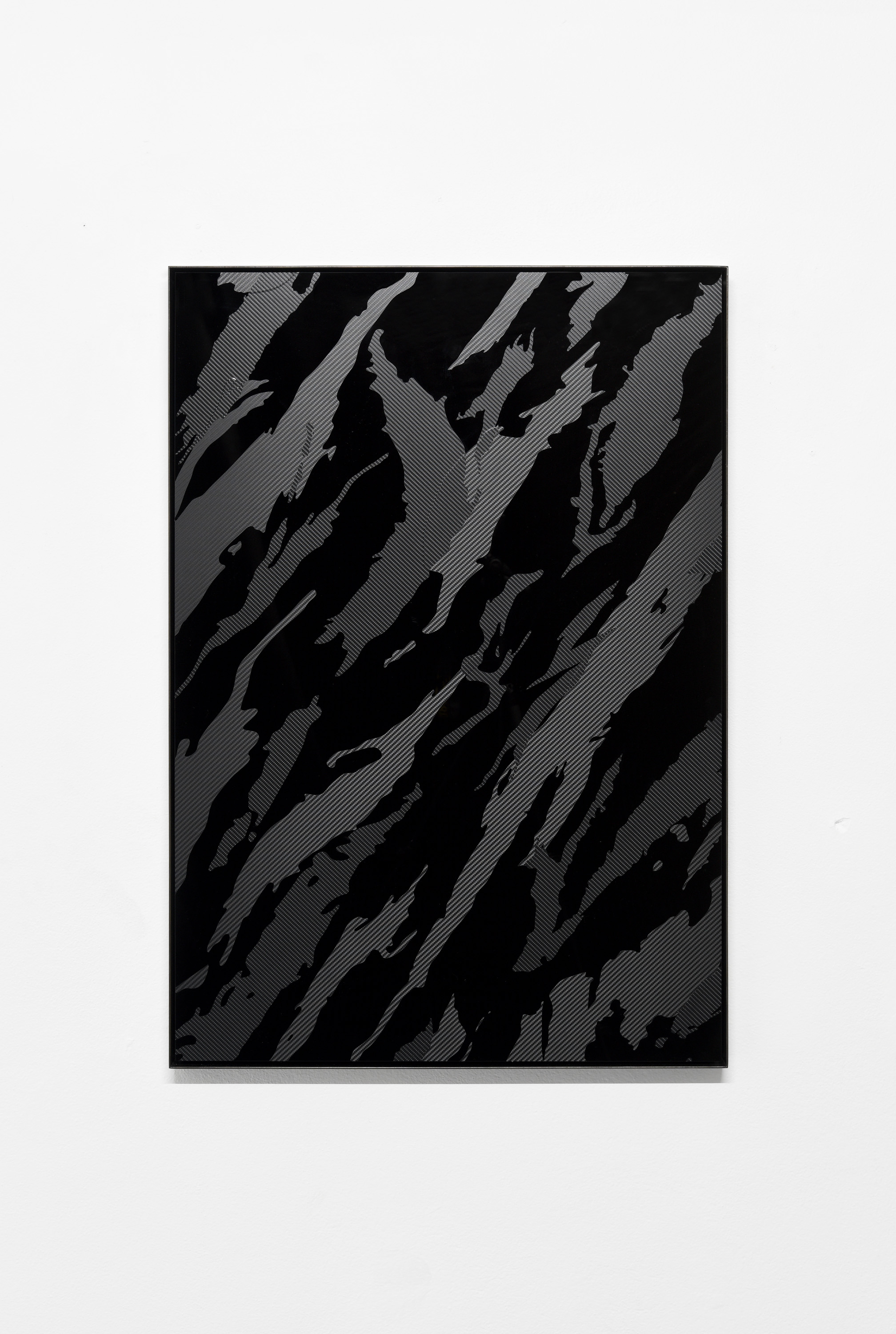 Marlock Tiger Strike, 2019, Automotive carbon fibre vinyl on acrylic, stainless steel and gun-blued steel, 102cm x 72cm
