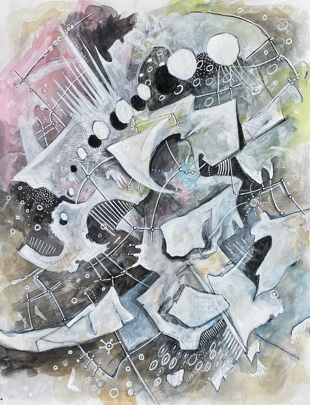 Untitled, 2021, gouache, acrylic, ink, graphite on paper, 9 x 12 inches
