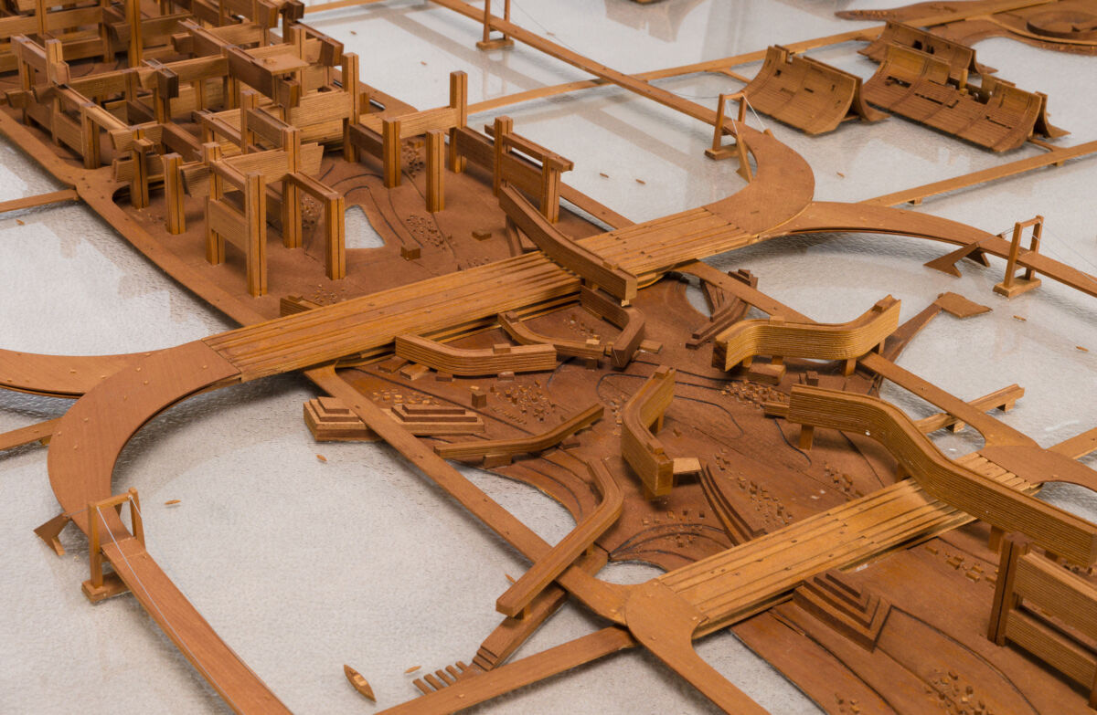 Detailed photograph of Tokyo Plan, 1960 model. Tange, Kenzō (1913-2005). The Kenzo Tange Archive, Gift of Takako Tange, 2011. Tokyo Bay Model=東京湾の 模型, 1960. Courtesy of the Frances Loeb Library, Harvard University Graduate School of Design.