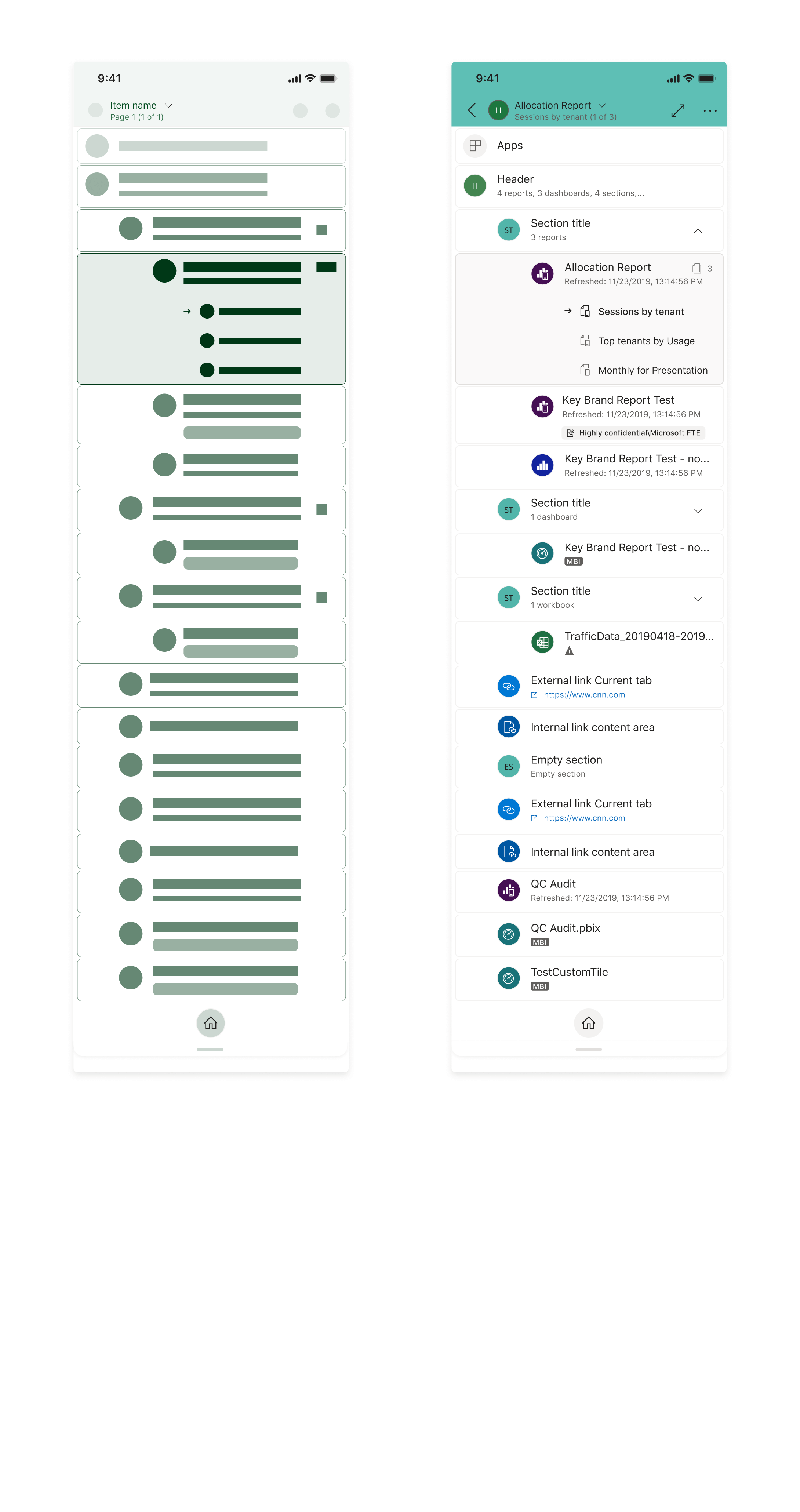 Navigation Tree of a report with 3 pages, in an "App" with 12 items and 3 sub-sections with items, full view.