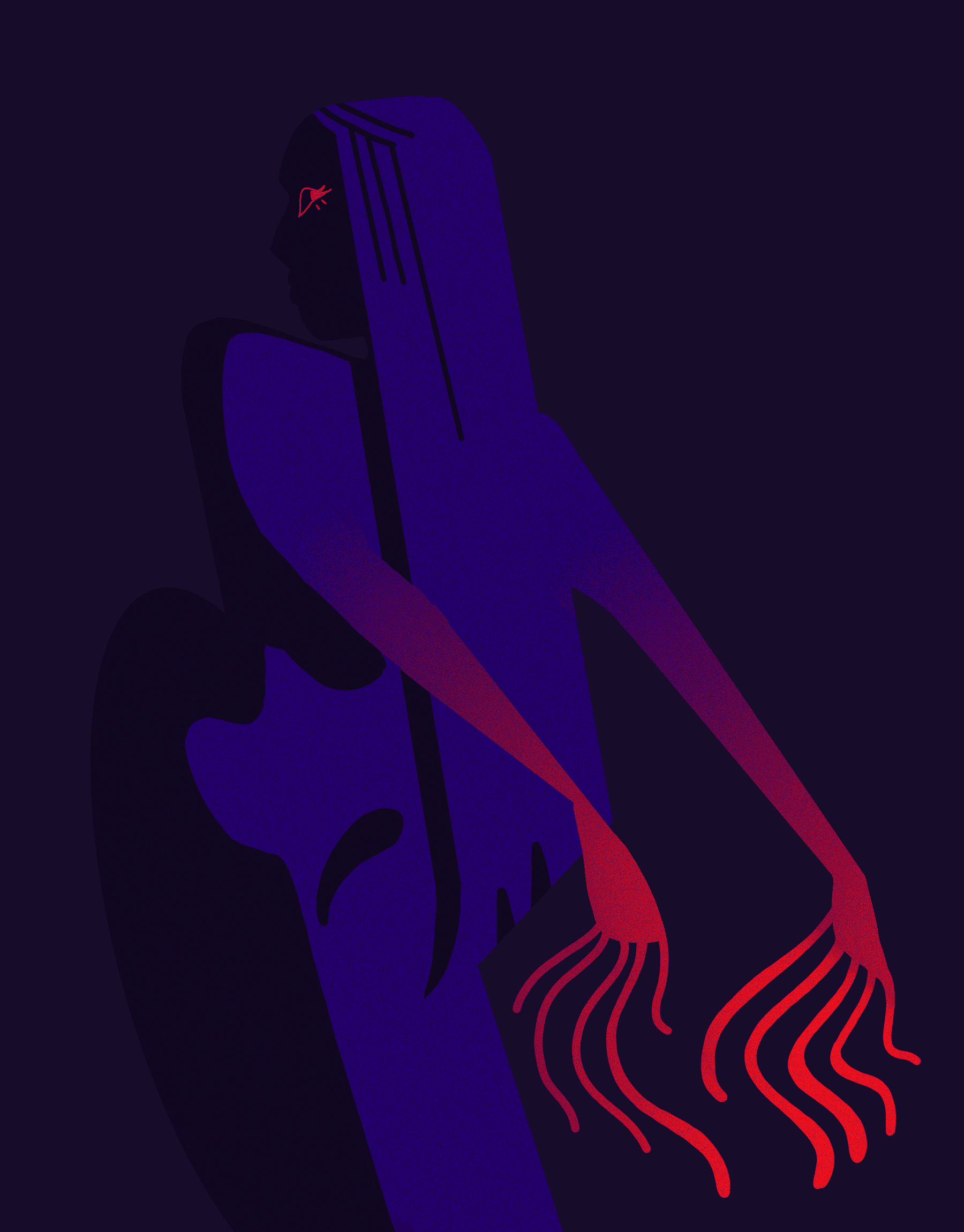 Silhouette of a woman in darkness, with a red tinge on her hands. Her eyes are red.