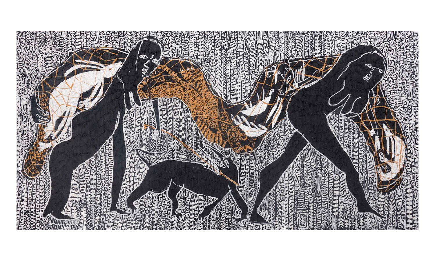 “Swamp Hunters” 2018, acrylic on aluminum mesh, 68" x 144" 