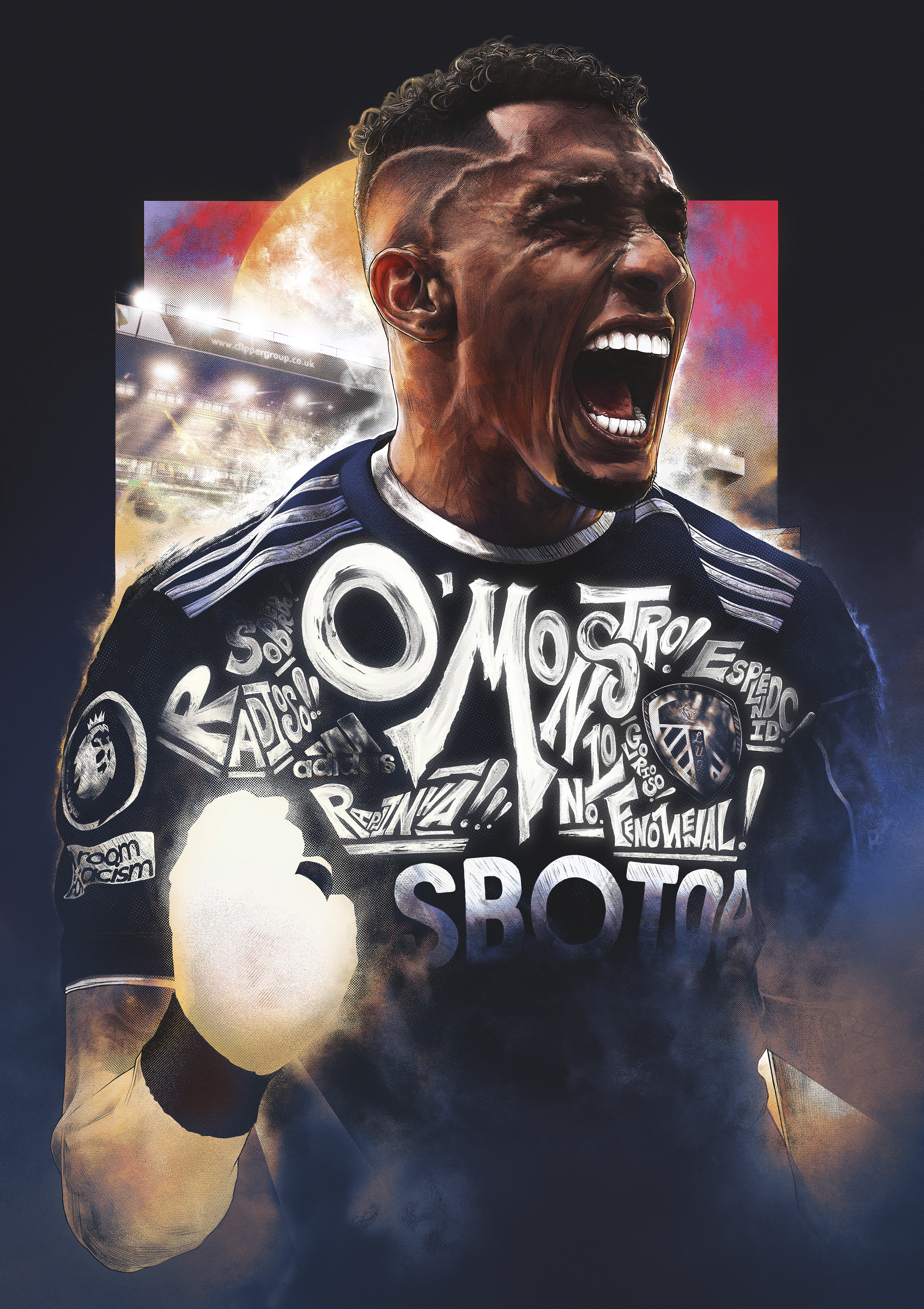 A digital portrait of Raphinha for the Square Ball by the artist John Tregoning. An illustration of Raphinha. Drawn in Procreate.