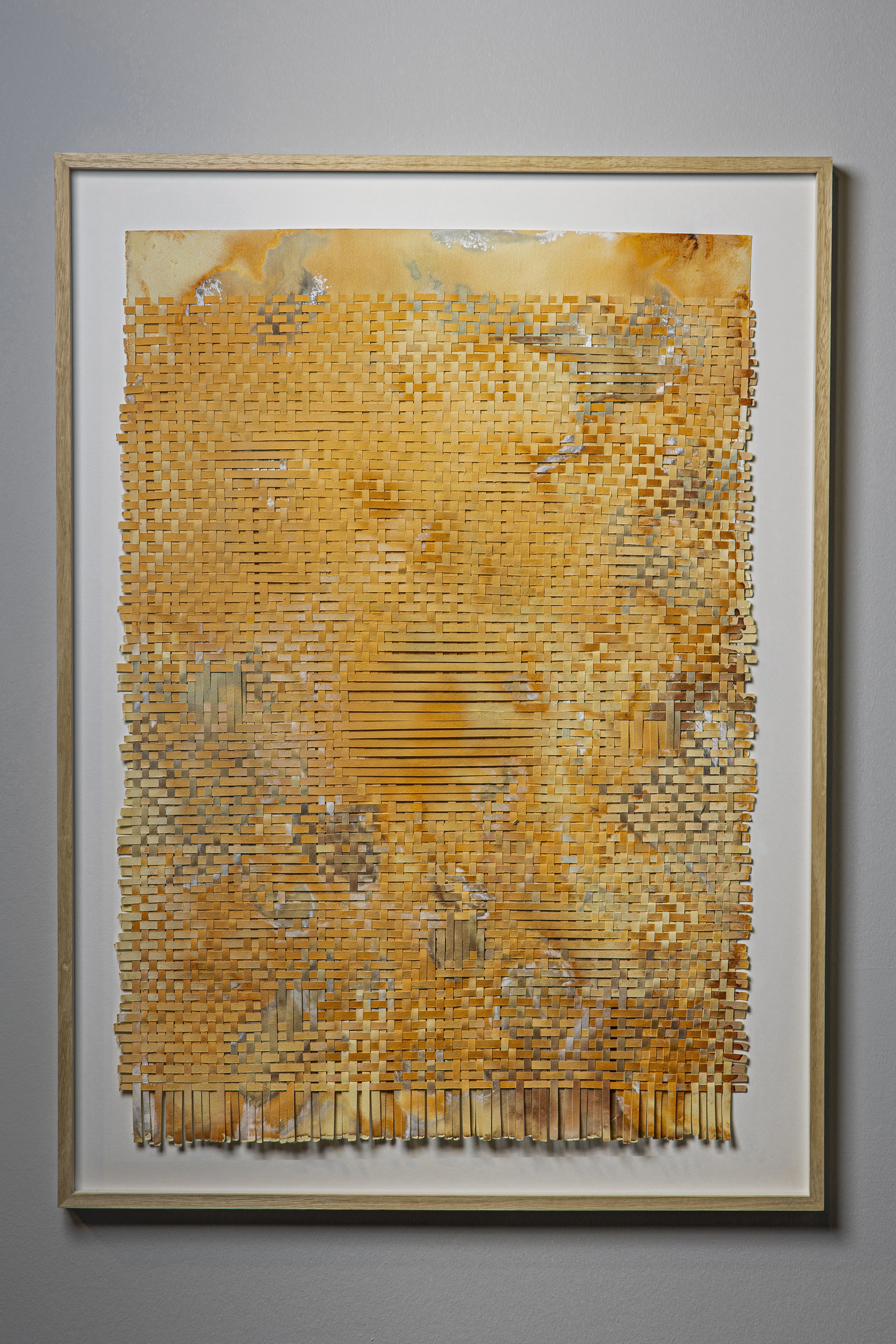 Gathering the sun, woven painting, cotton paper, natural inks from walnut and logwood, 25.5’’x 35.5’’ (framed), 2021 