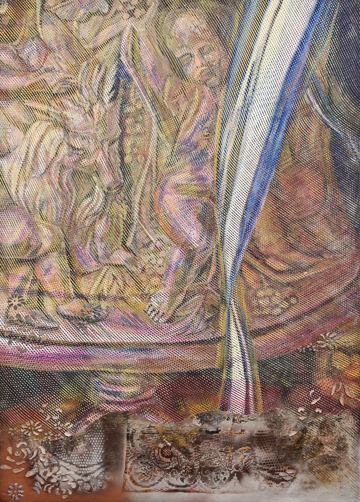 Kim Benson, Ambrosia (still life), 2022, oil and enamel on canvas, 64” x 48”