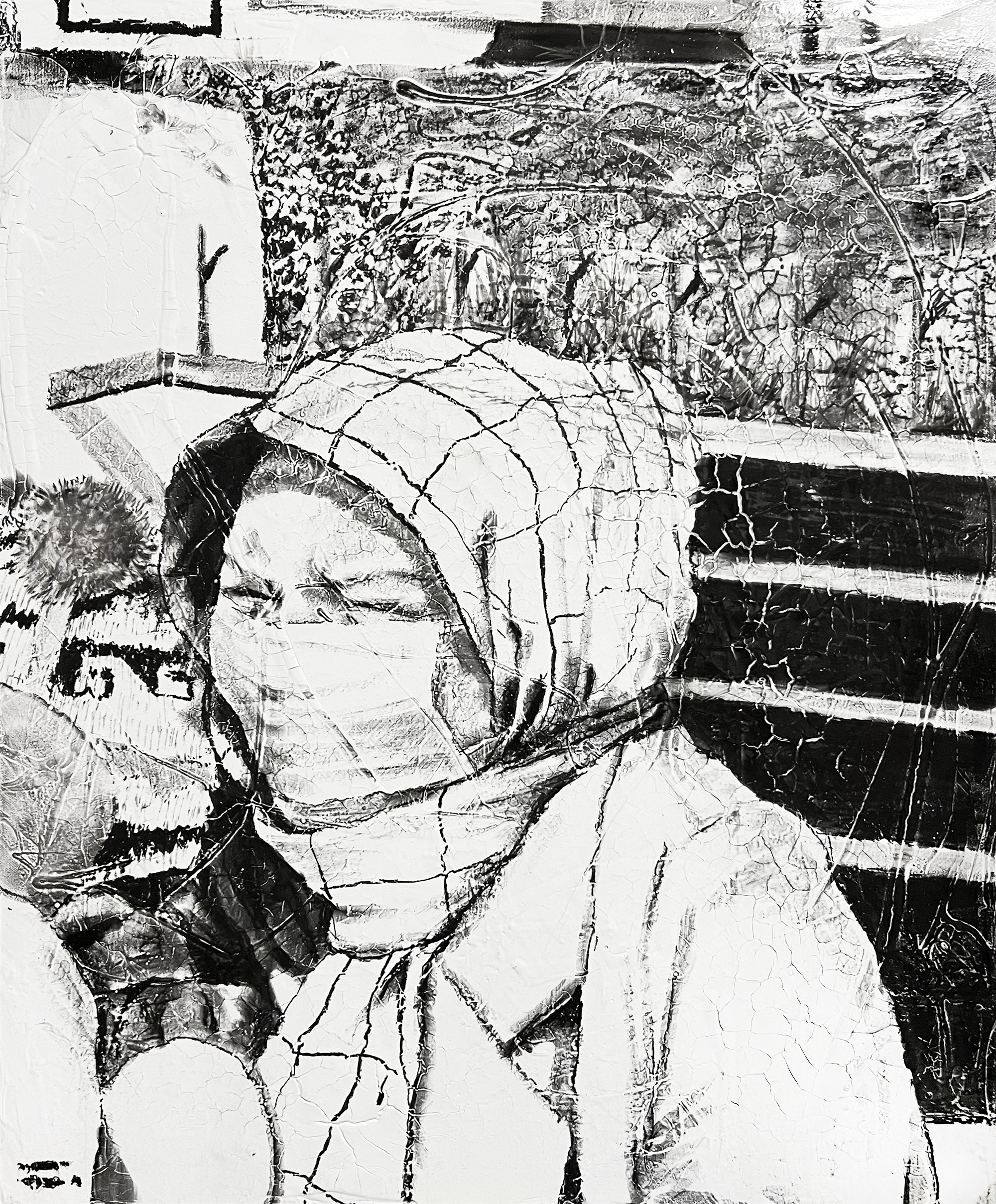 She&rsquo;s still seeing, 2022, charcoal, industrial paint on abandoned canvas, 65.1*53(cm)