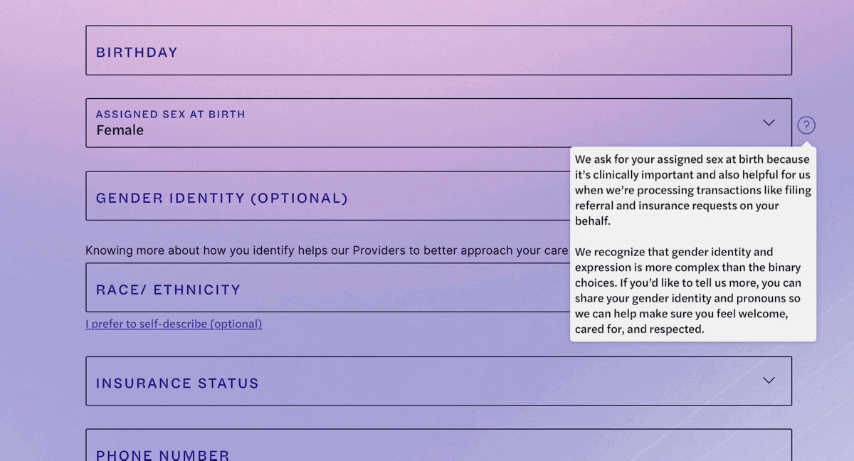 Book a visit user interface with a tooltip about gender identity