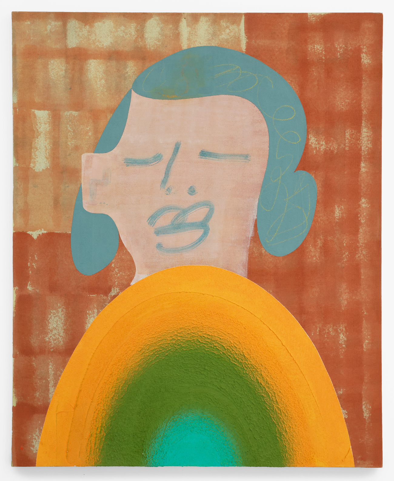 Untitled (portrait on bricks), 2023 Acrylic, resin, aquarellable pencil and sand on linen 110 x 90 cm