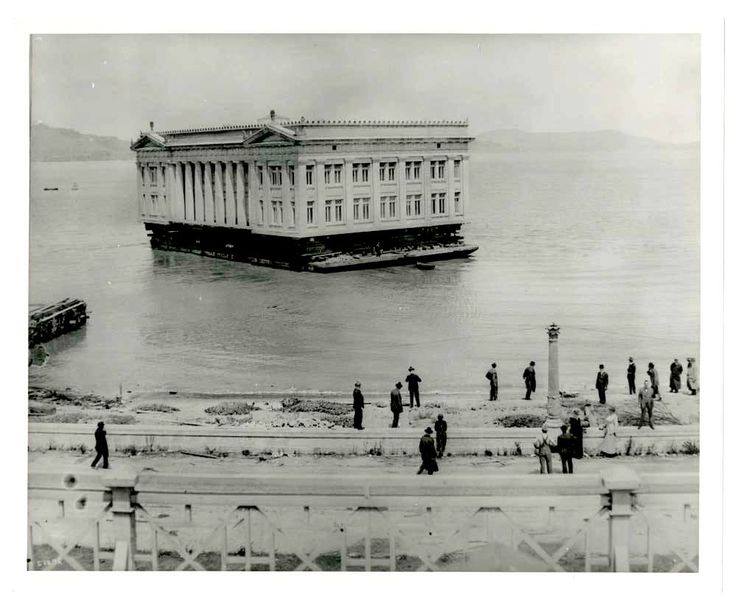 Ohio Building being floated to Coyote Point, Panama–Pacific International Exposition, 1915