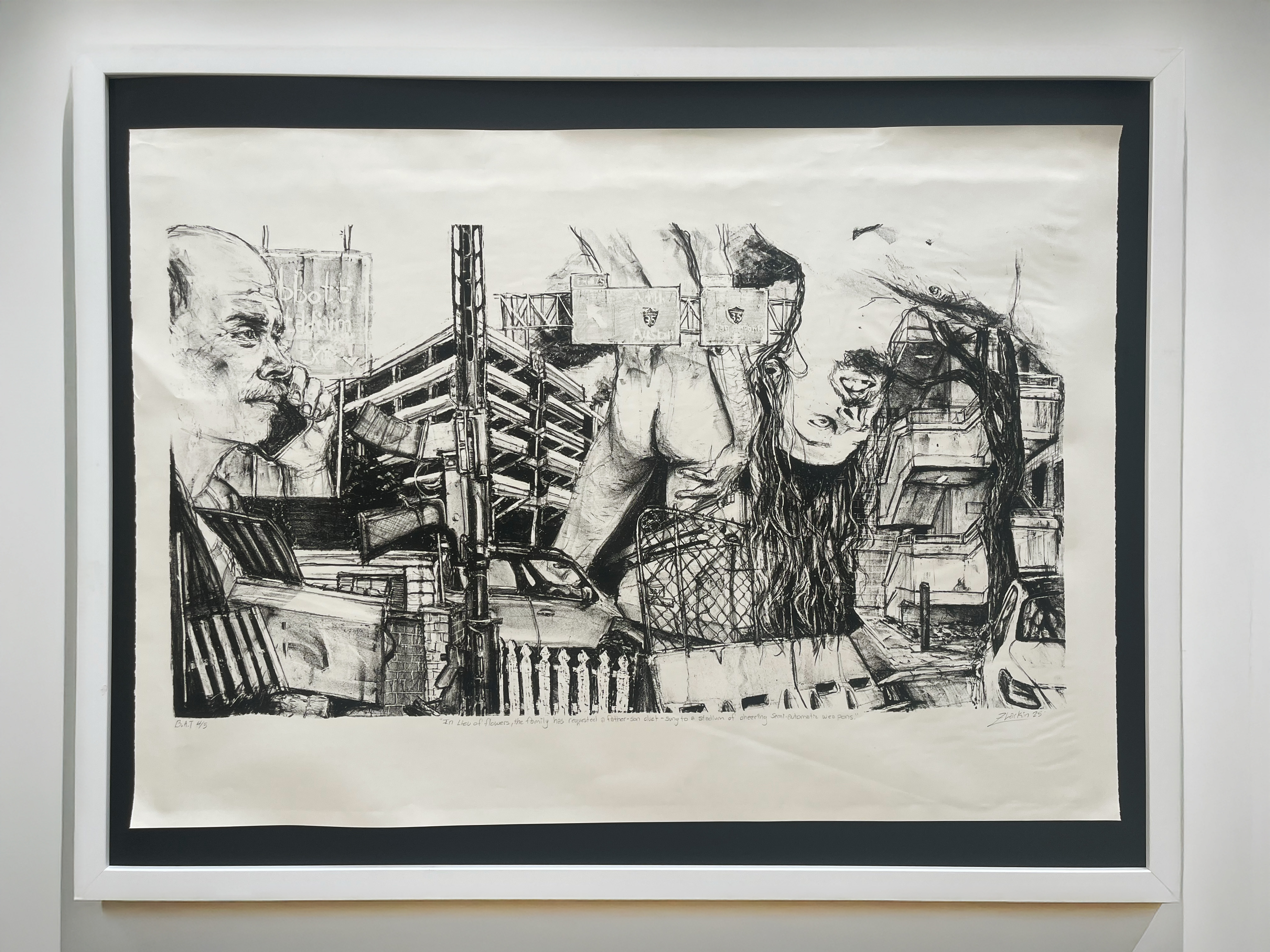 In lieu of flowers, the family has requested a father-son duet sung to a stadium of cheering semi-automatic weapons, lithograph, 2025