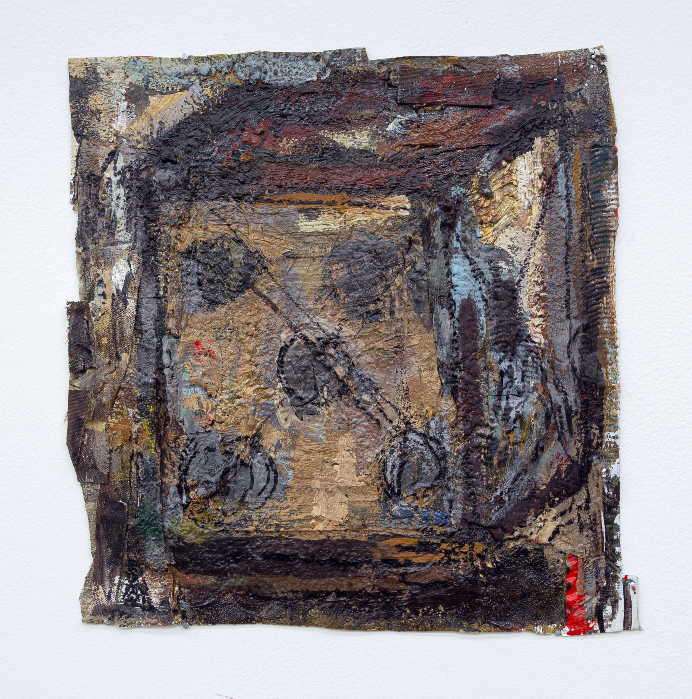 Cay Bahnmiller, Die, 1995, oil, marker, fabric and duck tape on synthetic leather, 12.5 x 12.75 inches