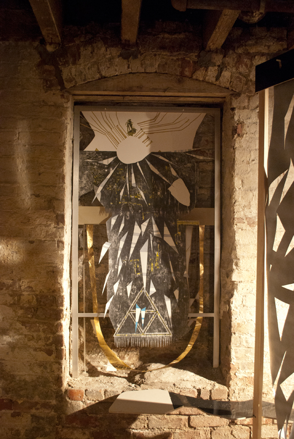 flattened dirge  Ink, graphite, aerosol and copper leaf on paper. Formica, wood and hardware. 2011 - variable dimensions