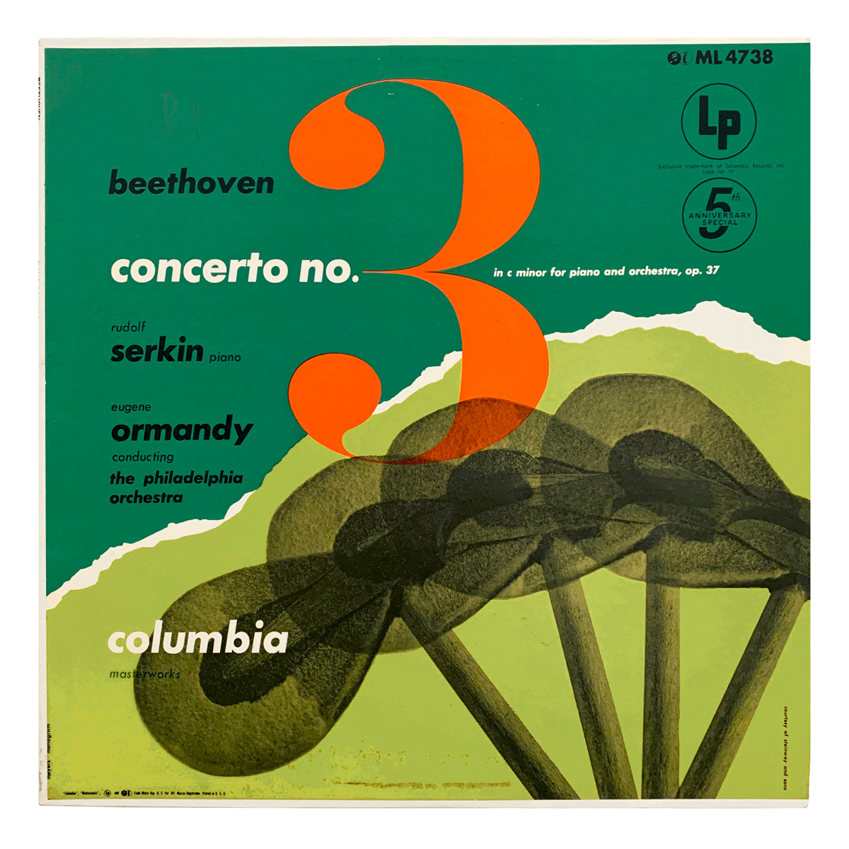 Columbia Masterworks ML 4738 Ludwig van Beethoven - Piano Concerto No.3 in C minor, Op.37 The Philadelphia Orchestra - Eugene Ormandy Rudolf Serkin Design: Herb Meyers | monogram (credited)