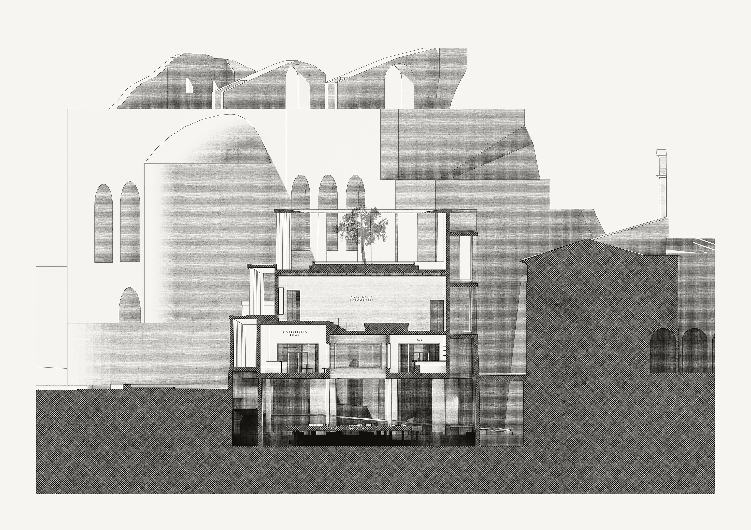 Vertical Section II: All internal exhibition halls are positioned next to and on top of each other along the outer ramp from which they are accessed. The halls have varied lighting situations matching the exhibits requirements and are placed vertically accordingly. This complex reinforced concrete structure sits on numerous pillars that are placed in the area of the former Foro della Pace. The exterior is cladded with roman travertine: Large, uniform panels for the flooring, roof edges and embrasures; A wild bond consisting of many different formats for the outer walls and the peristasis’ pillars. The outer soffits and inner halls are plastered and painted. The steel railings are painted in a travertine-like colour to support the feeling of an open, non-reflecting structure. Travertine is a traditional roman material as well as a local and natural one, coming from the nearby quarries in Tivoli for thousands of years. As one observes in many roman structures, travertine pieces have been re-used for centuries. Its quality consists not only in a high durability but also in its haptic and optic uniqueness: The white-beige surface subtly takes on the nuances of surrounding, strongly lit façades, as well as the sky’s blueish colour. This effect results in a gentle polychromy that changes depending of the time of the year and day.