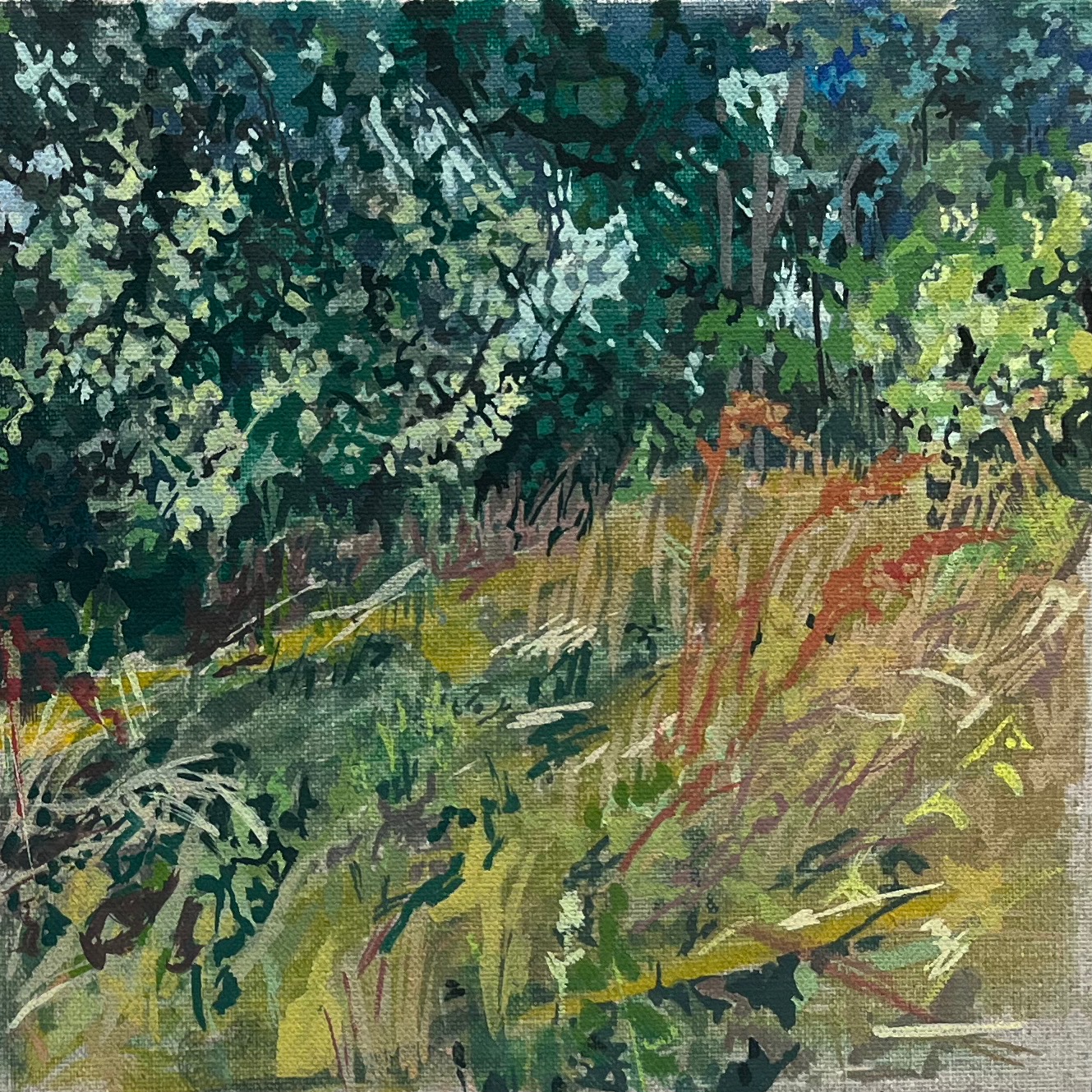 Hint of Orange, Walthamstow Marsh (2023), gouache on linen board, 20 x 20cm