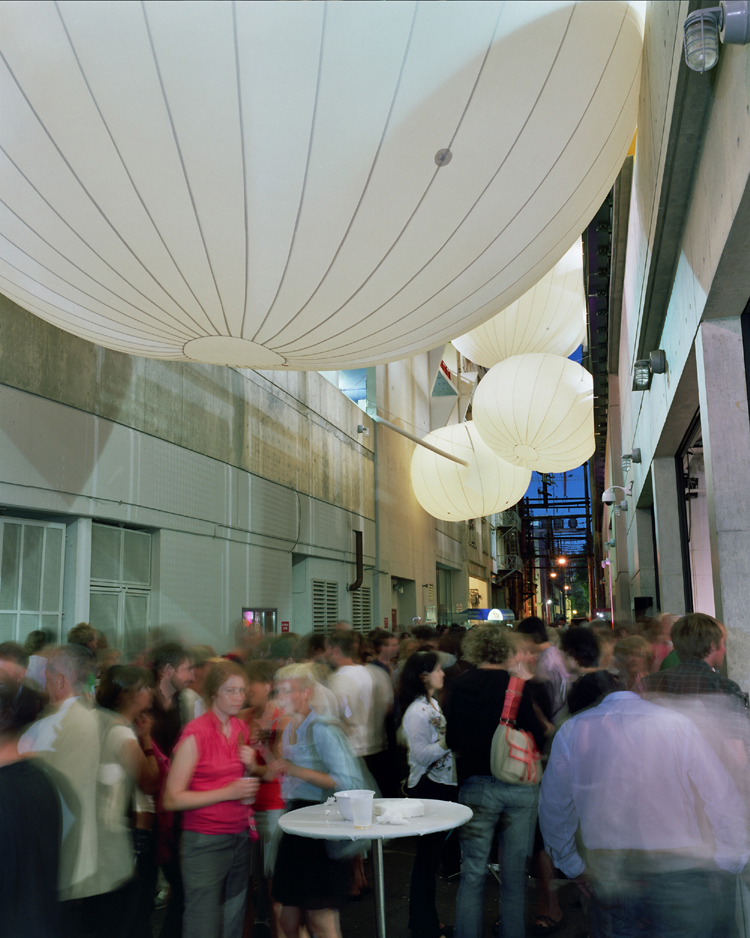 Photo of FrontierSpace installation and event with Balloon Caught installation in an alley in Vancouver's Gastown