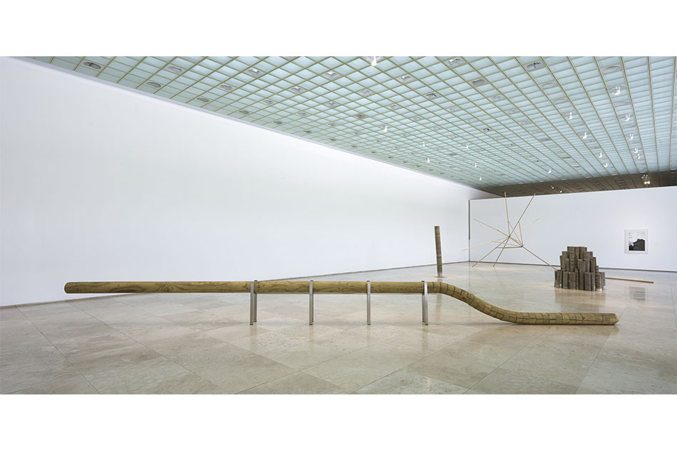 Miguel SotoPalo Triste, 2018Rollizo de pino impregnado, cinta indutrial de nylon y acero inoxidable900 x 100 x 30 cm