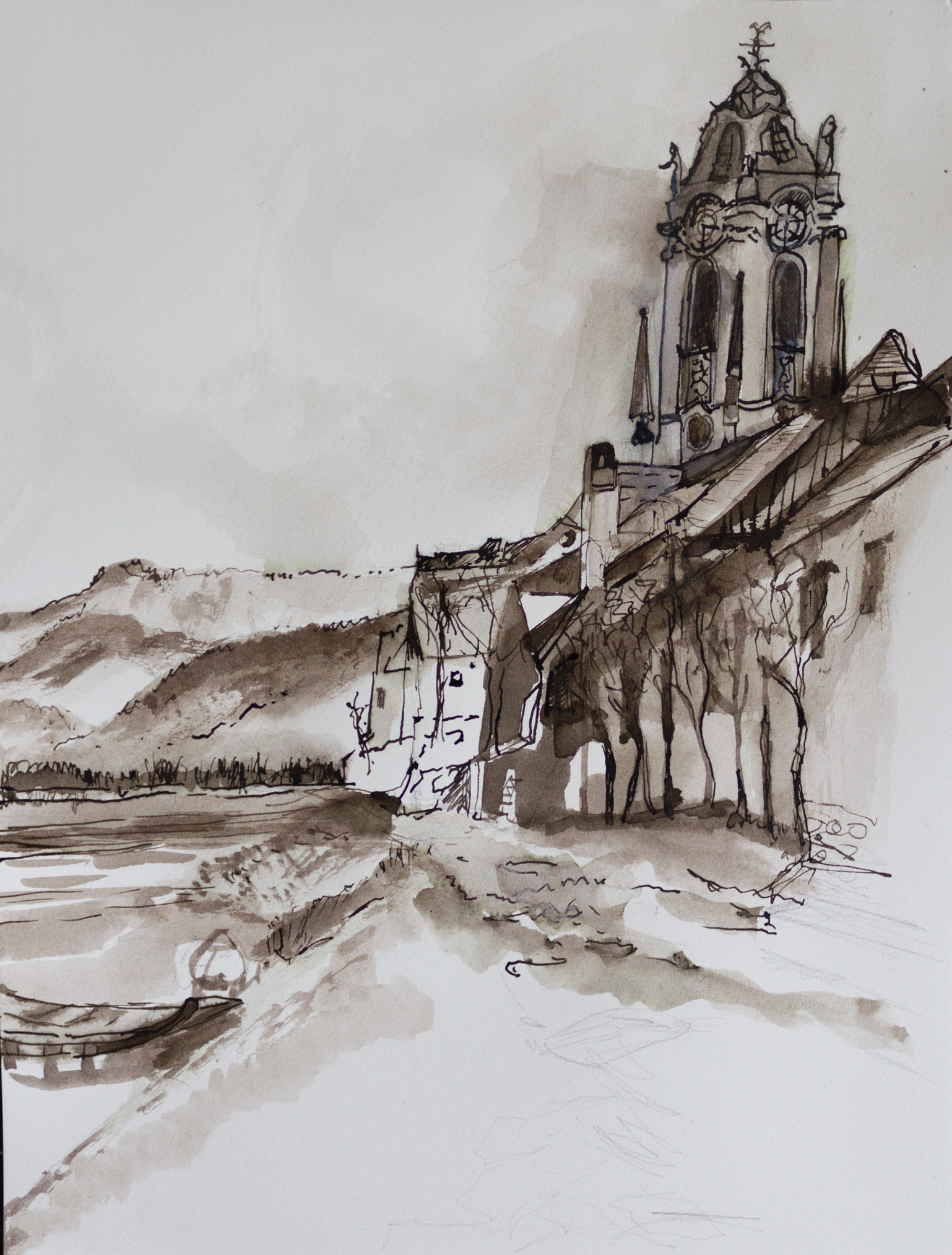  Durnstein on the Danube, Sepia,2022, 30,5x23cm 