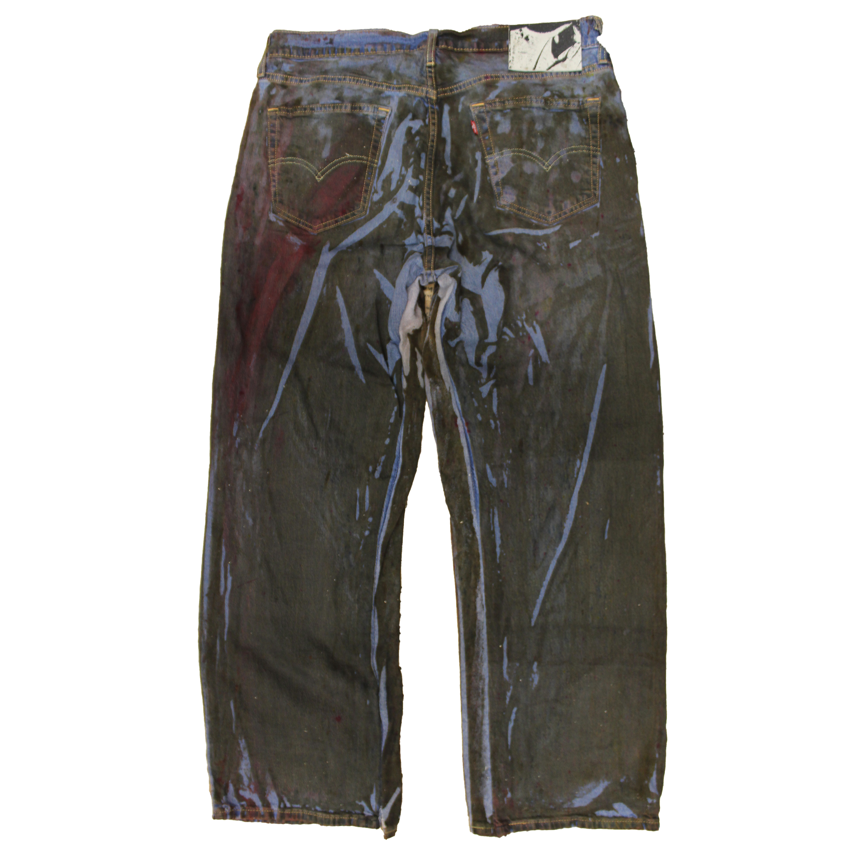 reclaimed vintage surplus denim screen printed with textile dye & various metals. tailored for straight/wide fit. fitted with custom keychain, scrap chain, and leather patches