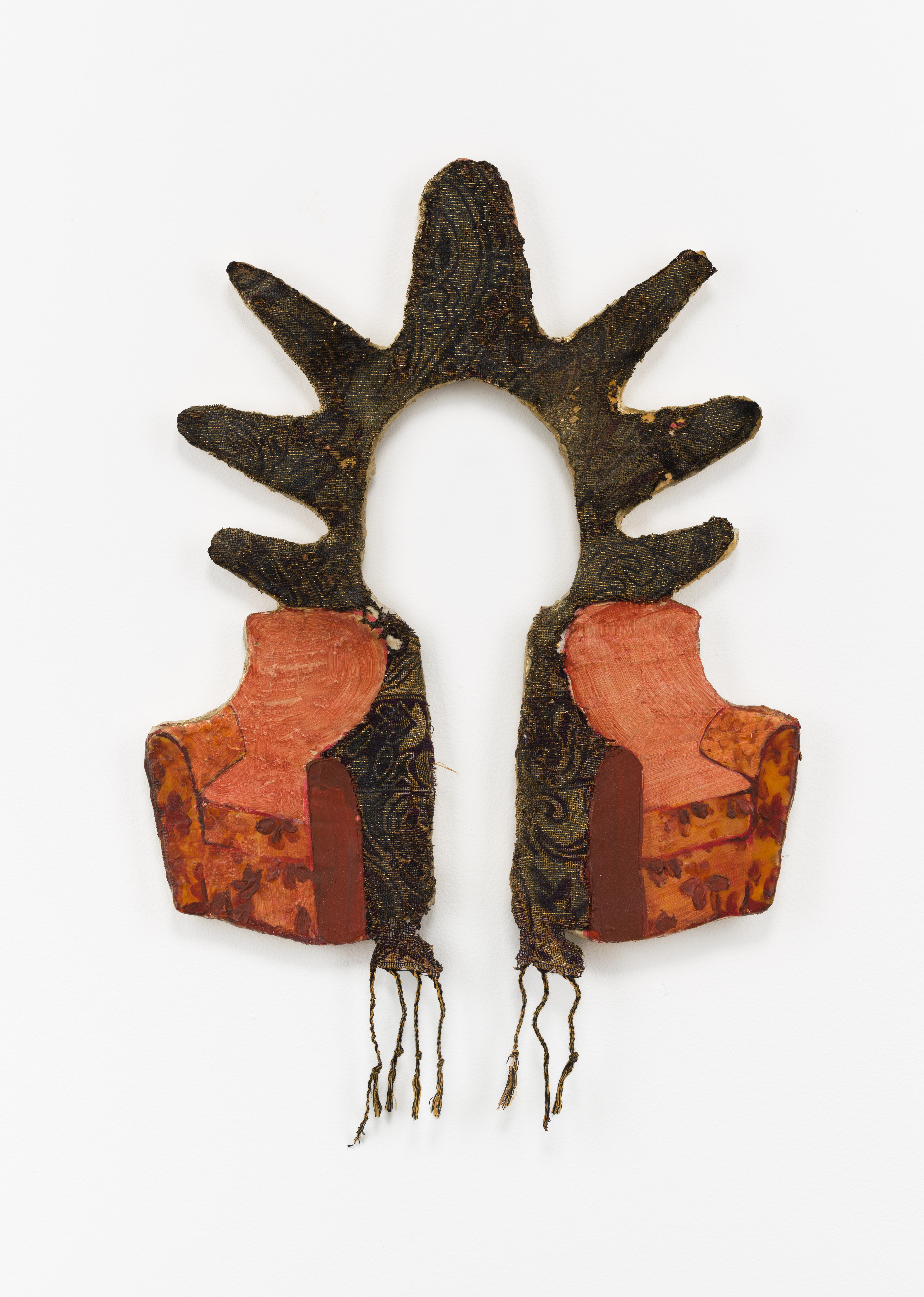 Choices Made by Ghosts Reflect My Sensibilities as Well, 2023, Expanded Painting Materials: wood, plaster gauze, acrylic, resin, acrylic, fabric, and spray paint. 21” [h] x 14”[w] x 0.75”[d]