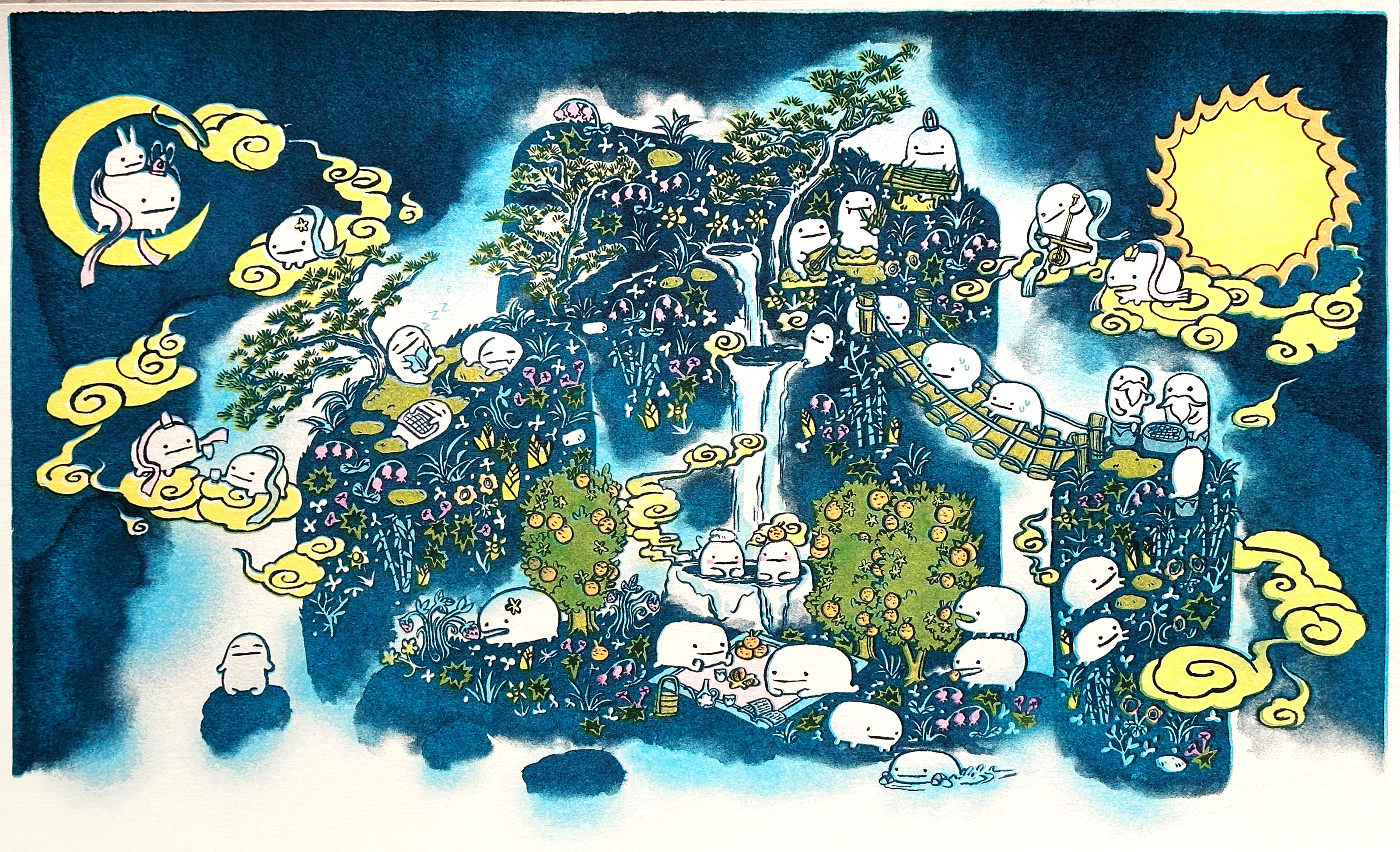 [heaven's realm] printed at punch kiss press with yellow, fluo. pink, aqua, & steel