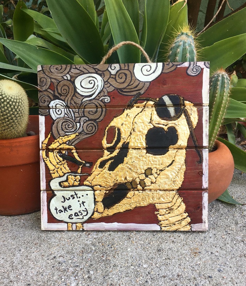"Just Take It Easy," 10 x 10" watercolor and gold leaf on wood