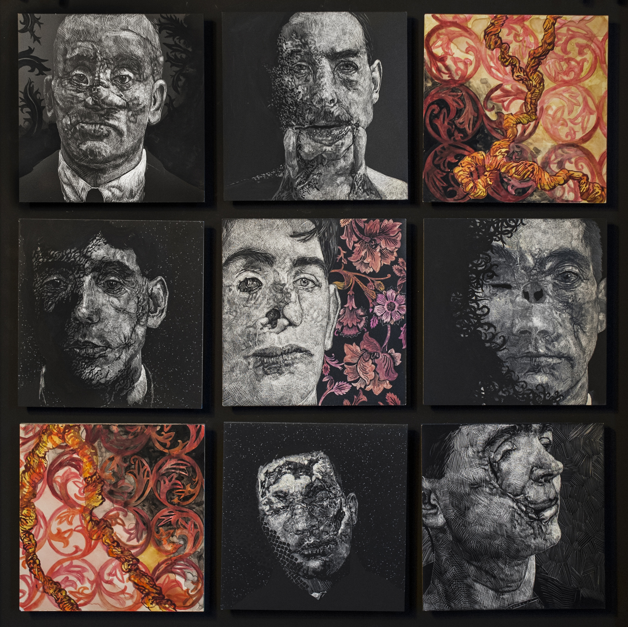 Caught In Our Fused Throats. Scratchboard, mixed media on panel. 2018.