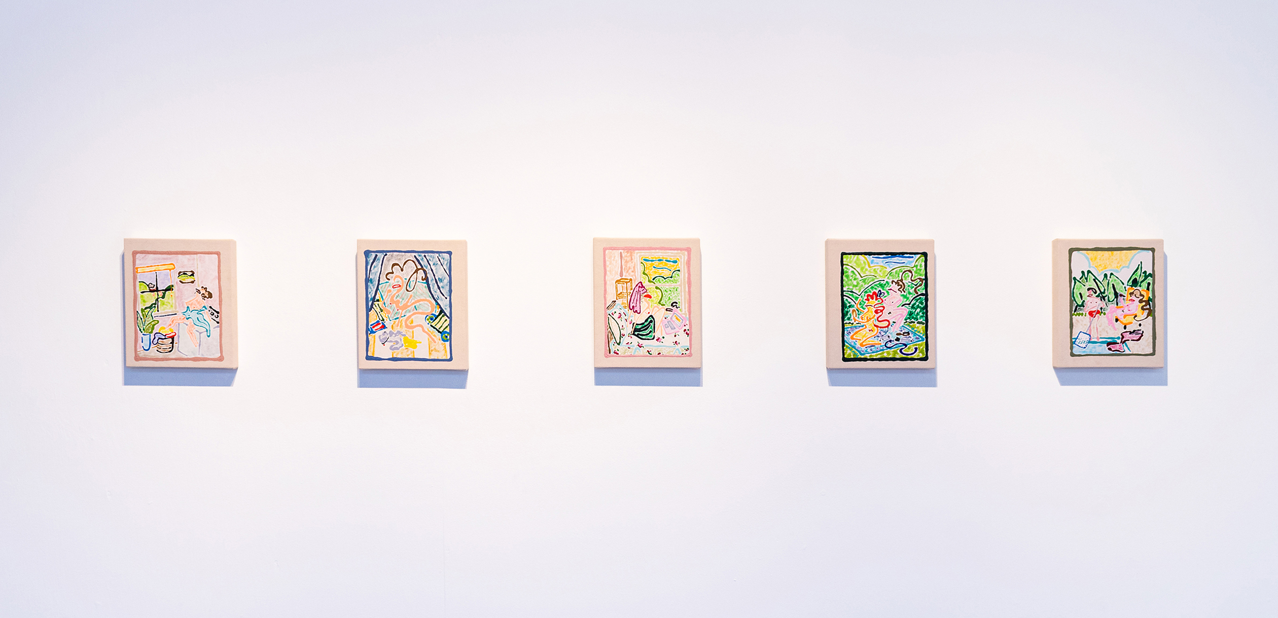 This is an installation shot of my recent solo exhibition Uncharitable Spaces for Uncharitable People.   This image displays the hanging arrangement of three selected works from this application, Spin Cycle Watcher, Window Peeper, and Forest Preeners. These works explored the presentation of intimate feminine space in a contemporary context while examining canonical presentations of women in historic painting practice.