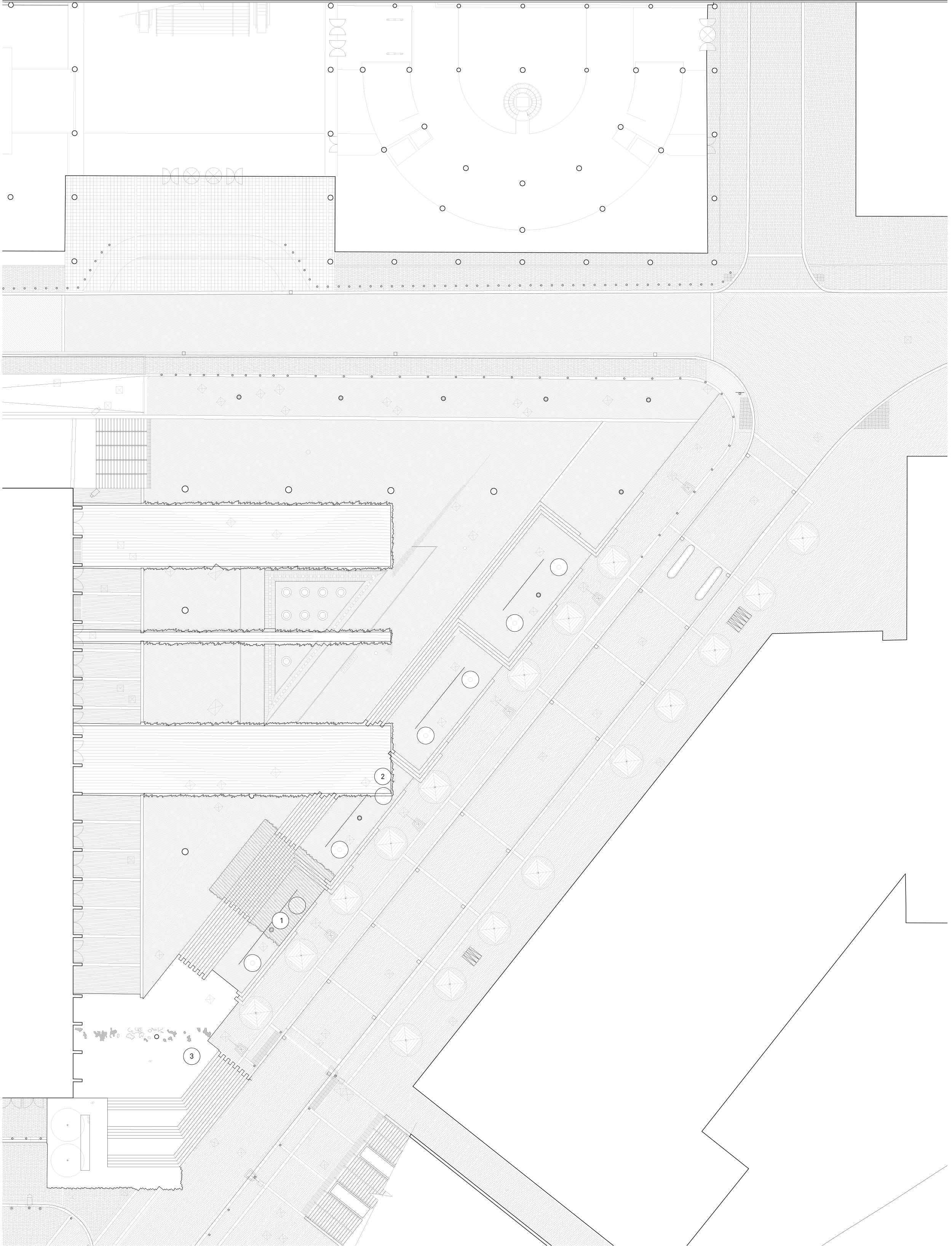 Phase 1: The Arena Front, 2019-2034. The first phase is about connecting to the Arena by visually creating routes up to it as well as restoring its lost symmetry