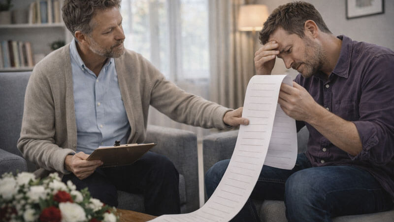 A therapist comforts a stressed marketer holding a ridiculously long scroll of &ldquo;queries&rdquo; (blank lines only).