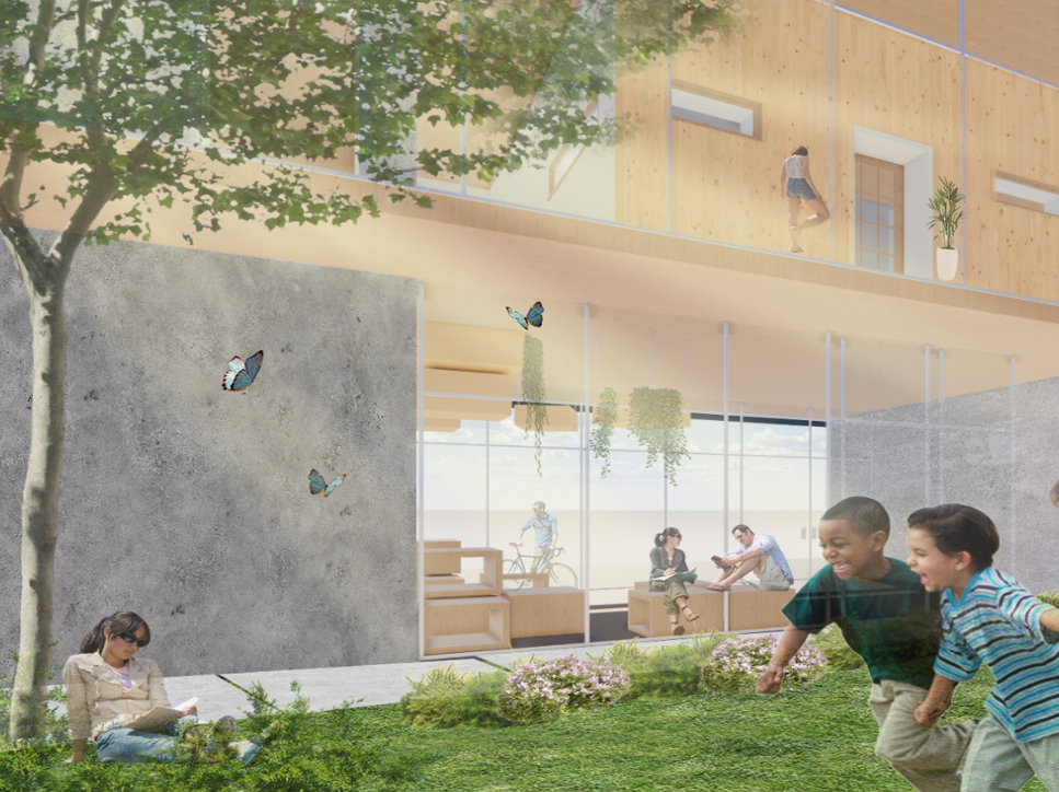 Courtyard render showing enclosed vestibule with seating