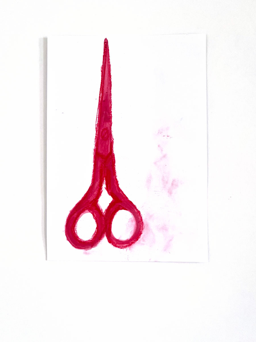 18/26 — SCISSORS.During her residency at the MQ21 in Vienna, Austria, as part of her Fulbright Independent Scholar appointment, Quinn began working on a companion drawing project to The Haircut while conducting new research on women's representation in media.  Charcoal, drawing pens and markers, oil pastel, paint, and pencil, the group of seventy-some drawings ranges in size from A5 to A2 on various papers; 2021-ongoing.