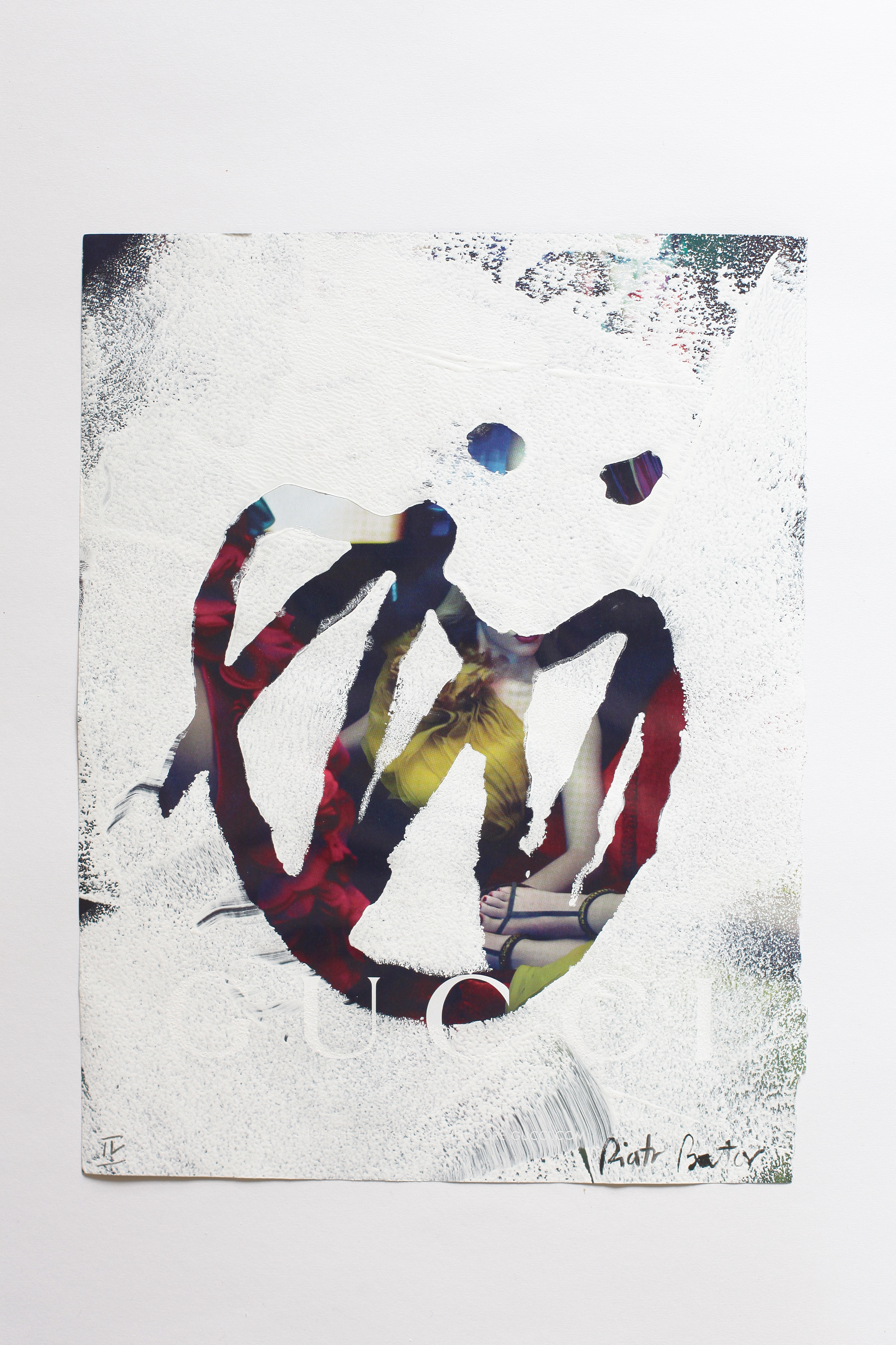 "No. 4" from "making faces" series. Approx. 28.5 x 22 cm / 11.2 x 8.6 inches. White household paint on magazine page