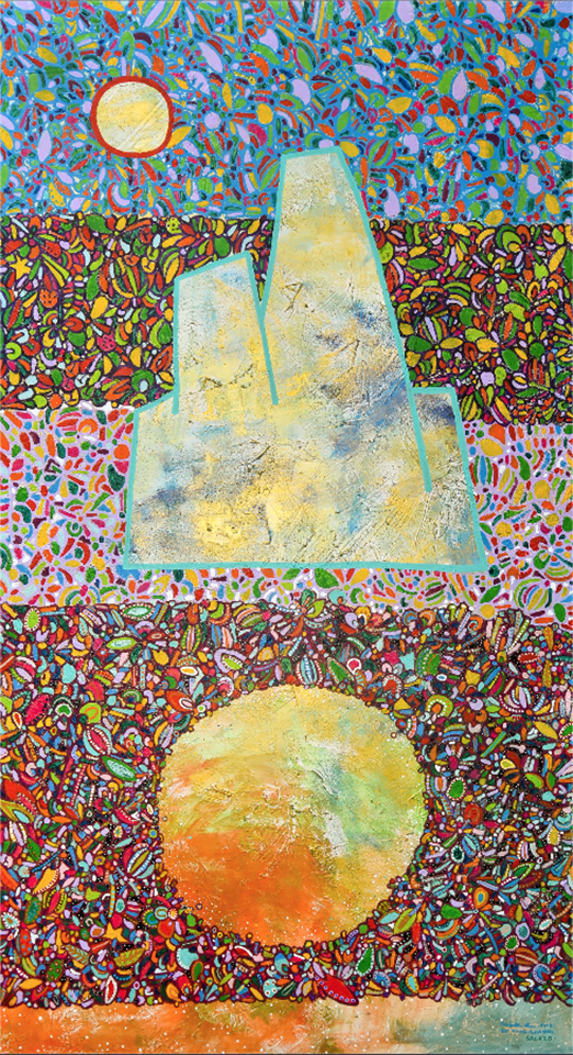 神聖之地。Sacred land。Oil paint.gold leaf.wood board, 230.5x127.5CM 2019