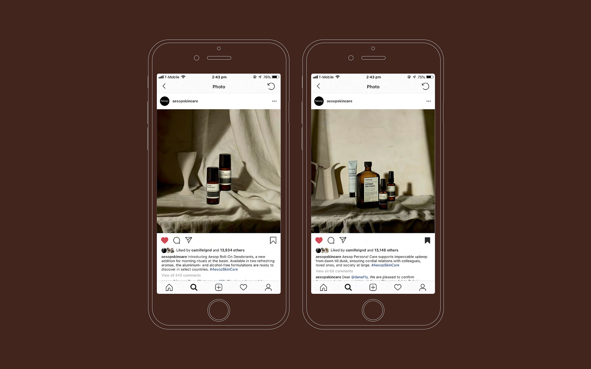 Two phoen screens on a burgundy background showing Aesop Instagram posts promoting the campaign.