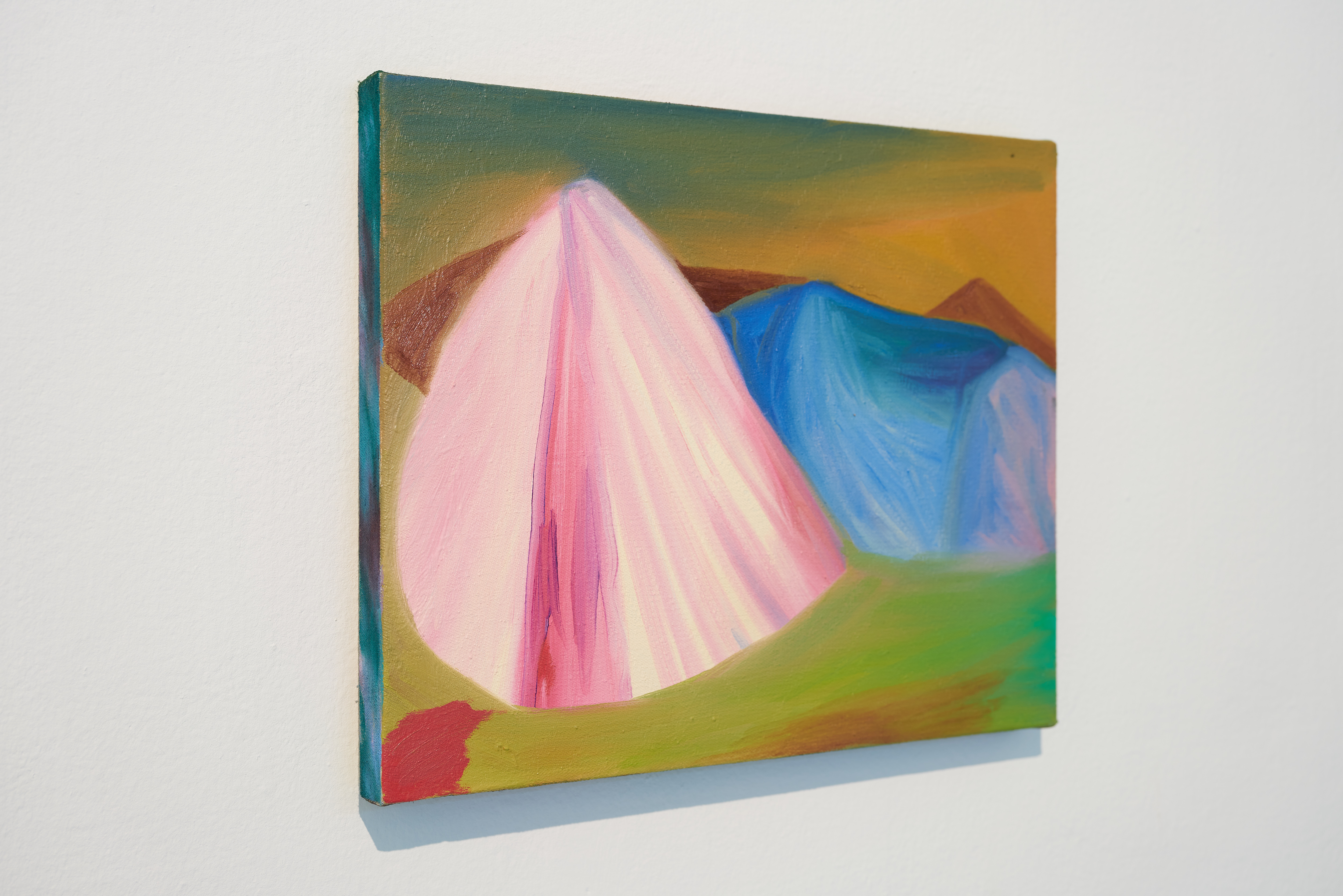 'Tents', 2021. Oil on handwoven damask cotton, 35x28cm