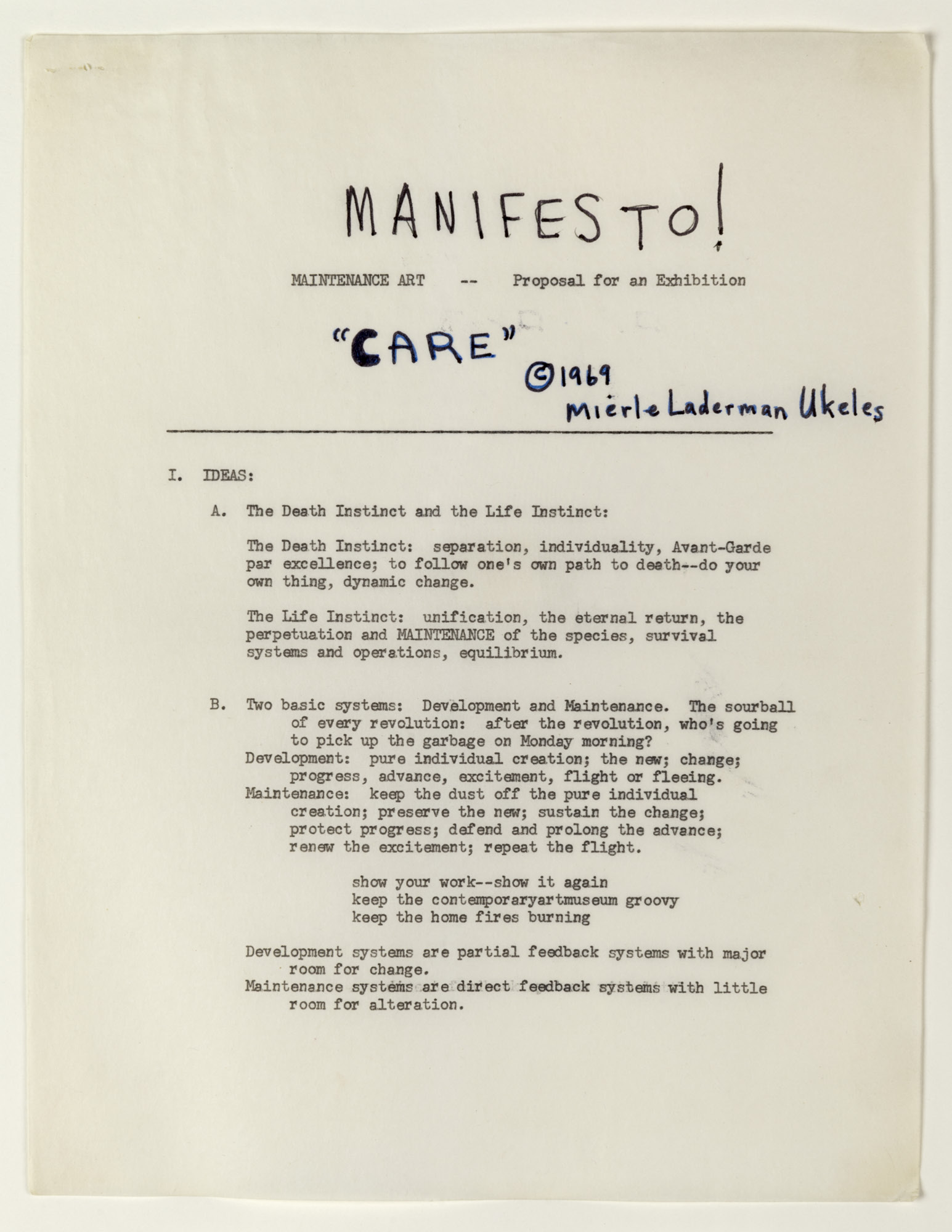 A photo of a copy of Mierle Laderman Ukeles’ “Maintenance Art— proposal for an Exhibition” is hand annotated with the words “Manifesto! “Care.”