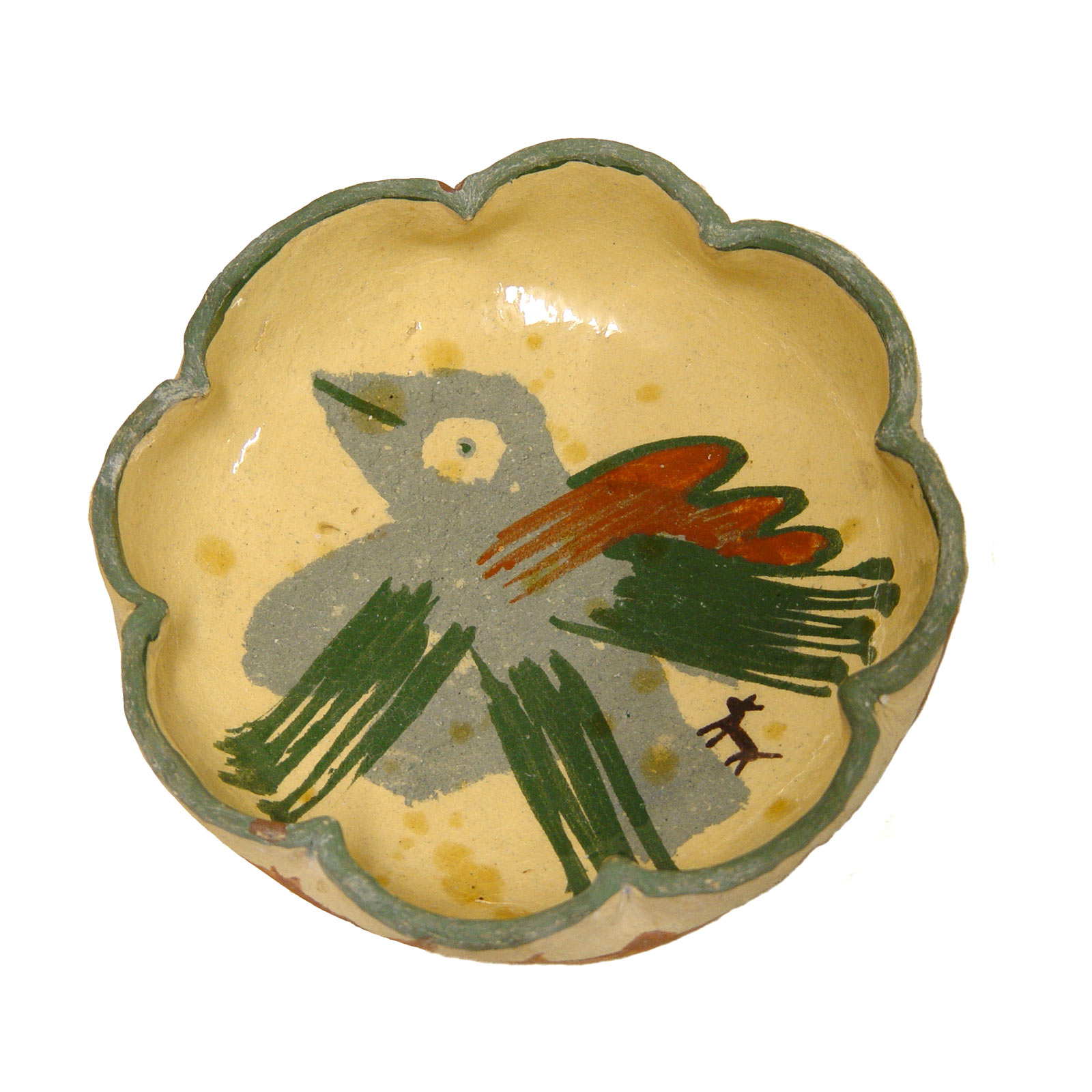 Plate with bird and small creature, c1977Glazed ceramic stonewareDiameter 18cm